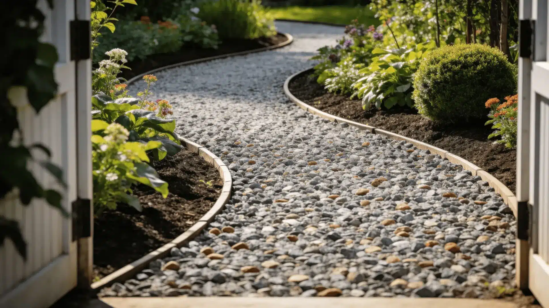 Curved gravel path connecting two areas through planting beds