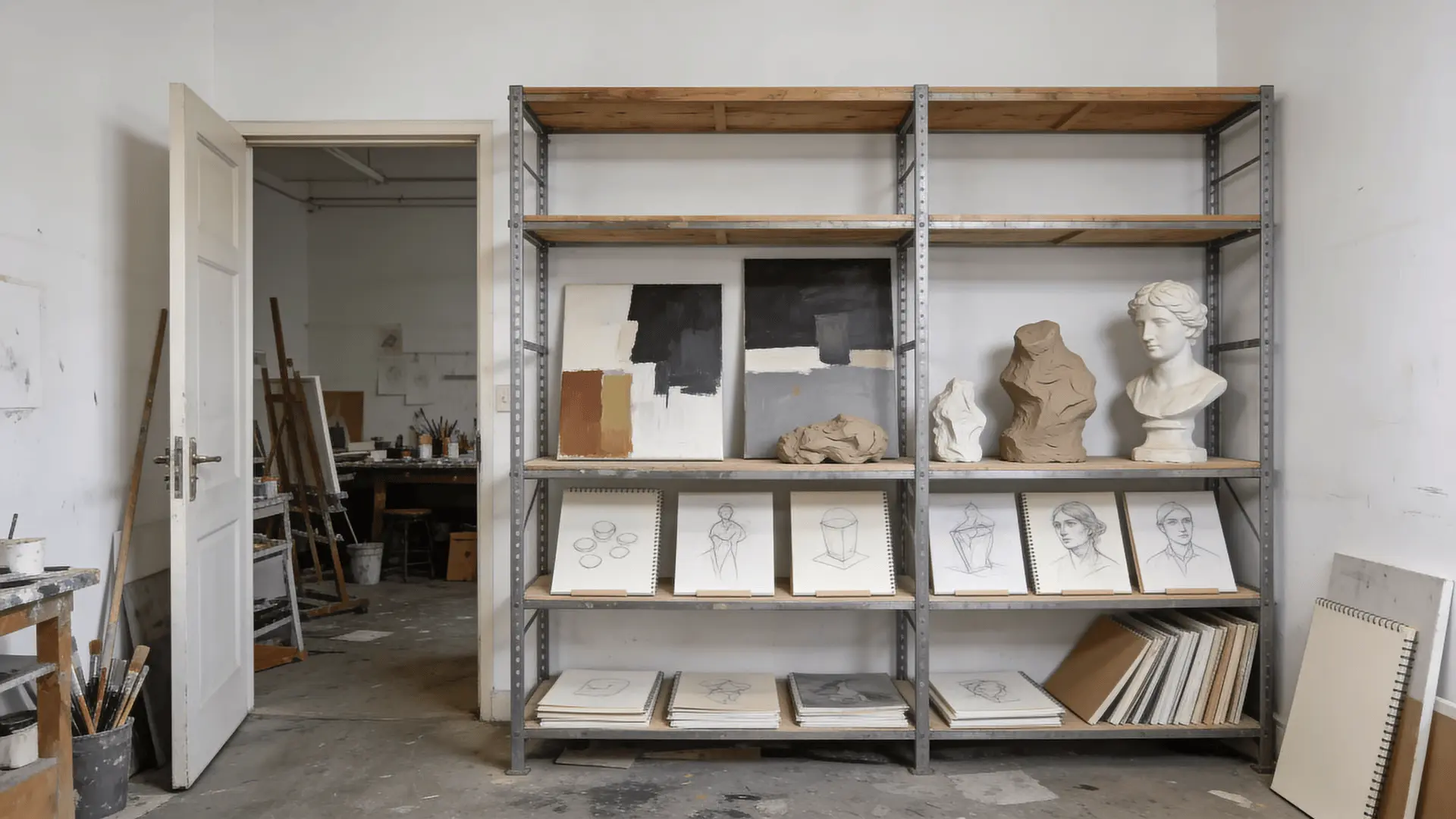 Dedicated shelf holding only unfinished artwork in a studio