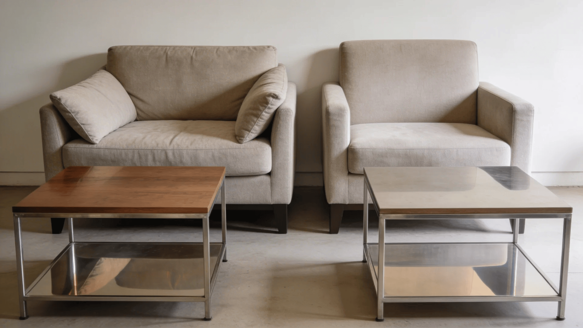 Deep lounge sofa and upright sofa with different coffee table heights