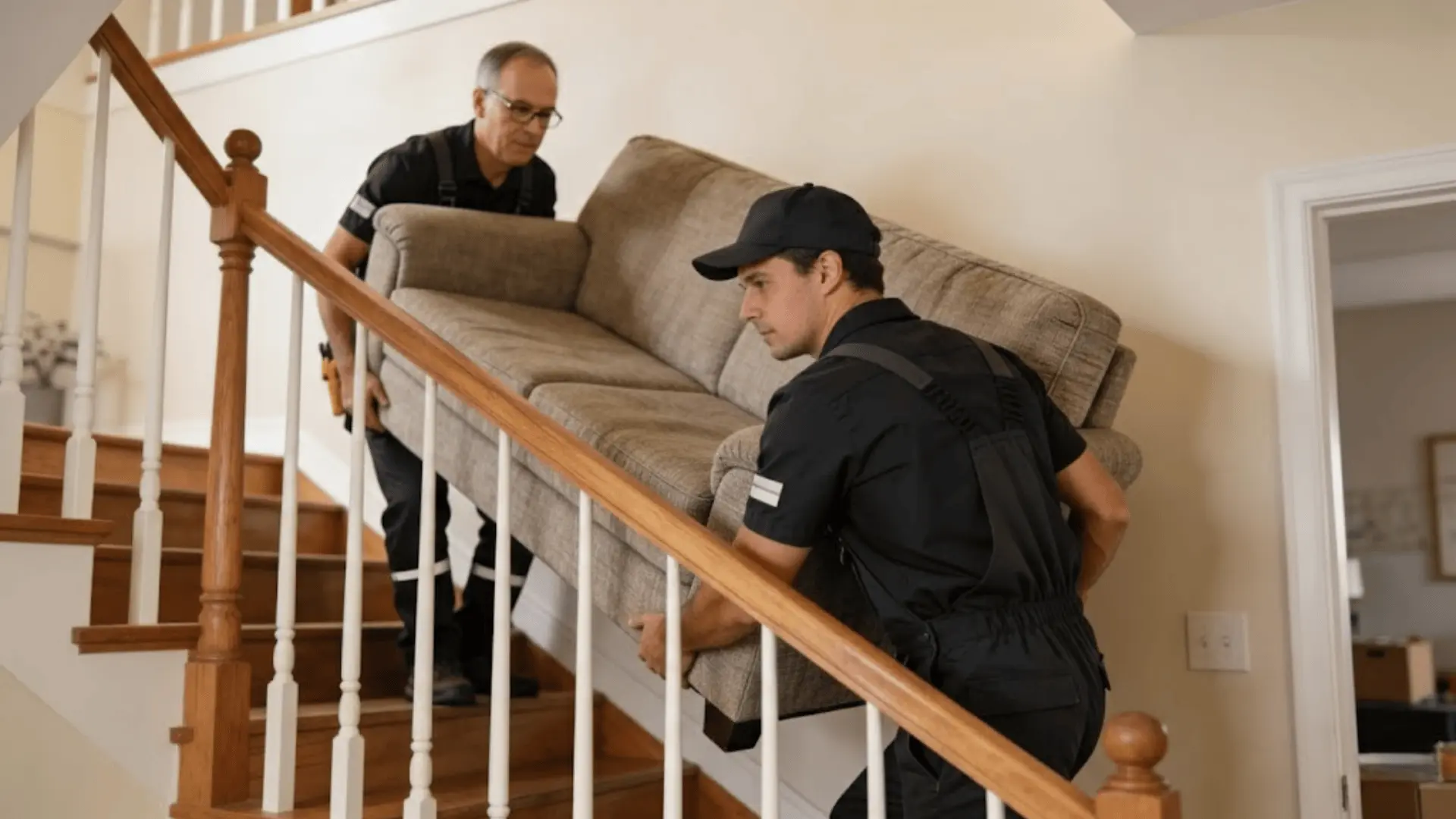 Delivery workers carrying a sofa up an indoor staircase