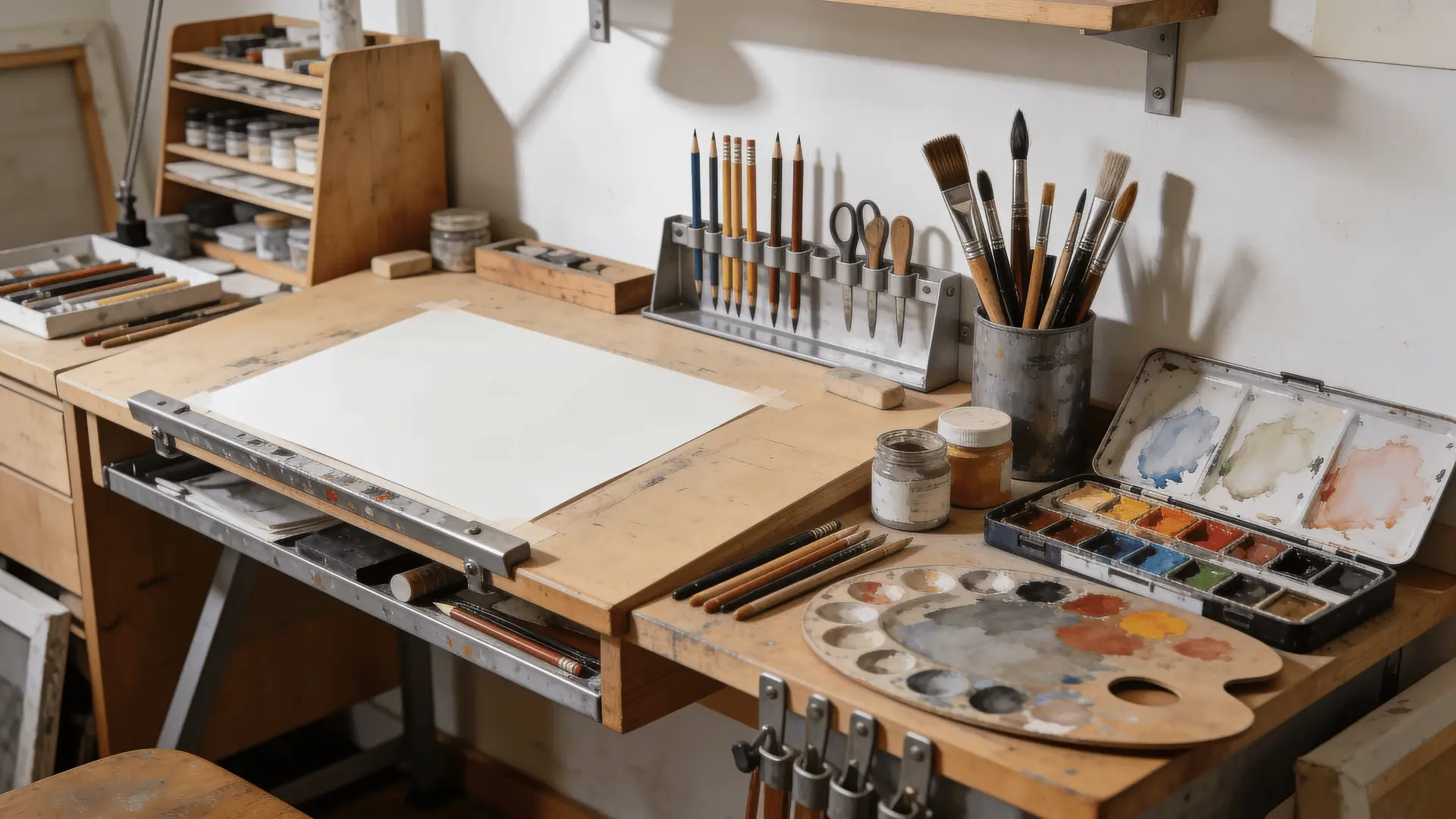 Drawing and painting tools placed within arm’s reach of an art work surface