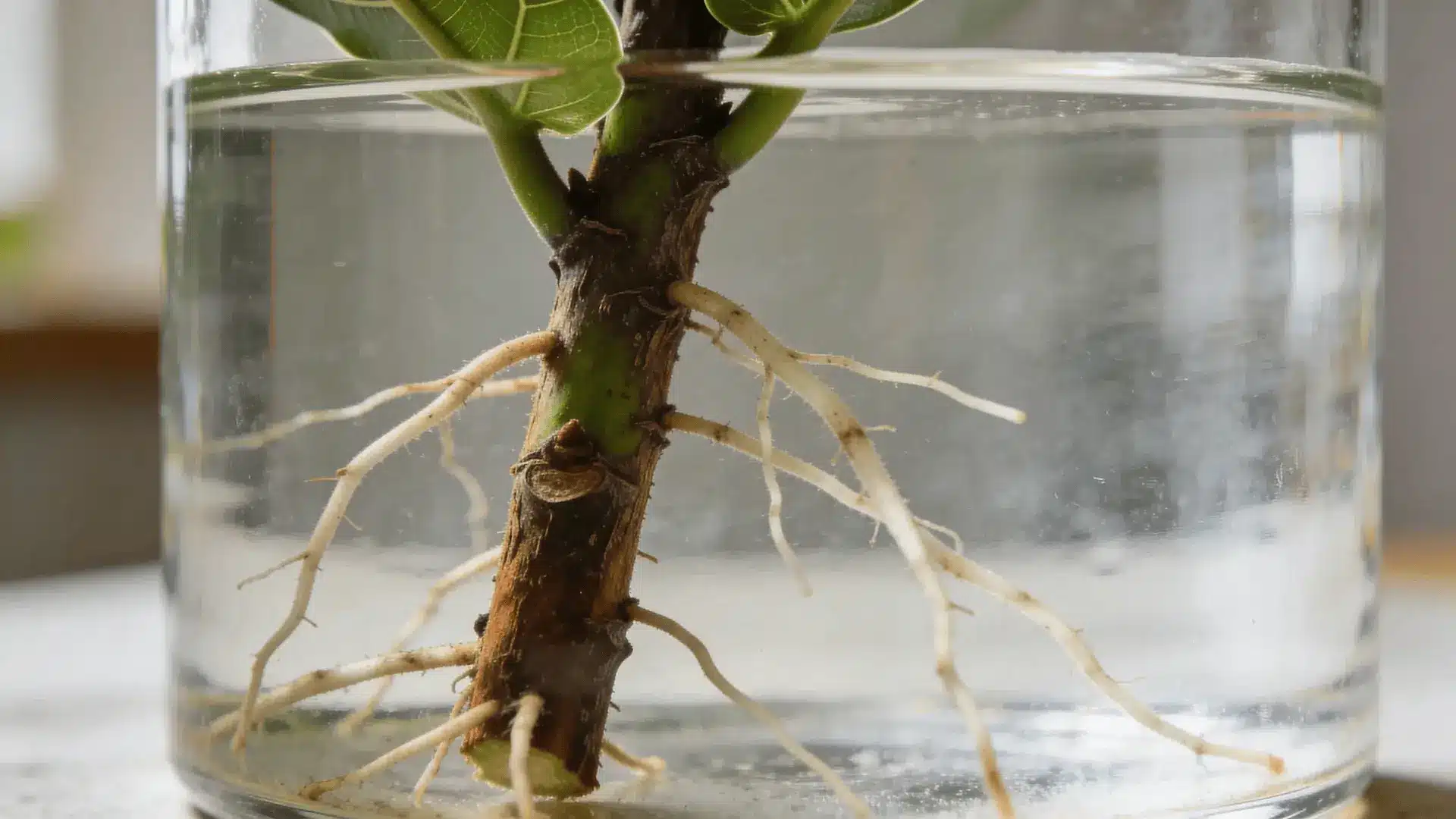 Fiddle leaf fig cutting in water with roots about two to three inches long