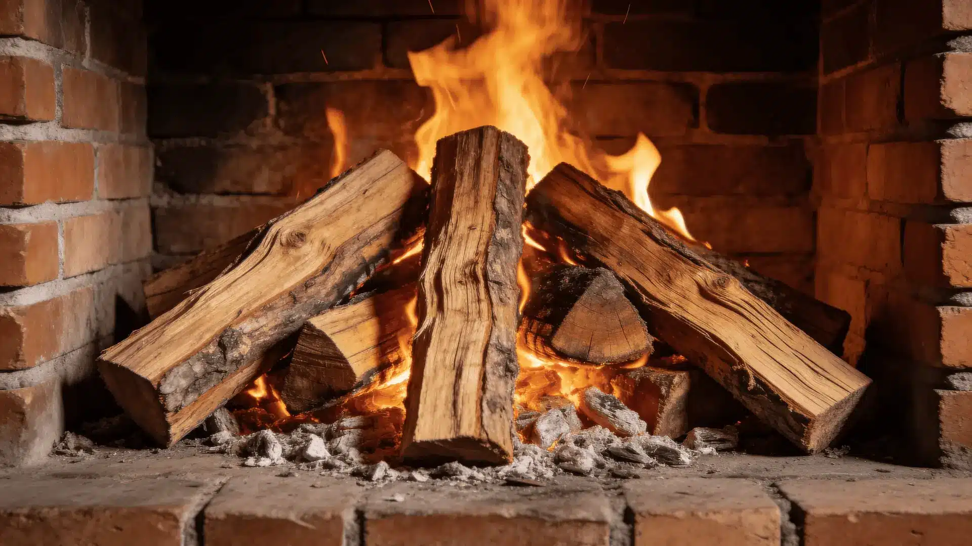 Firewood burning steadily inside an indoor brick fireplace