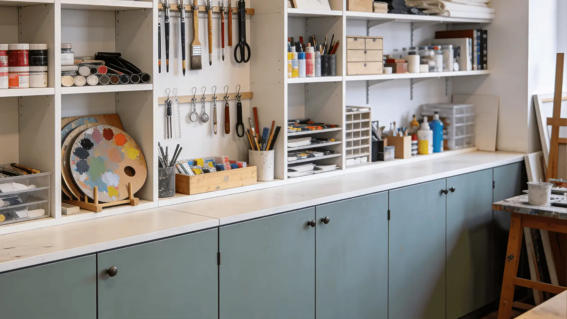 Frequently used art tools on open shelves with less used supplies in cabinets