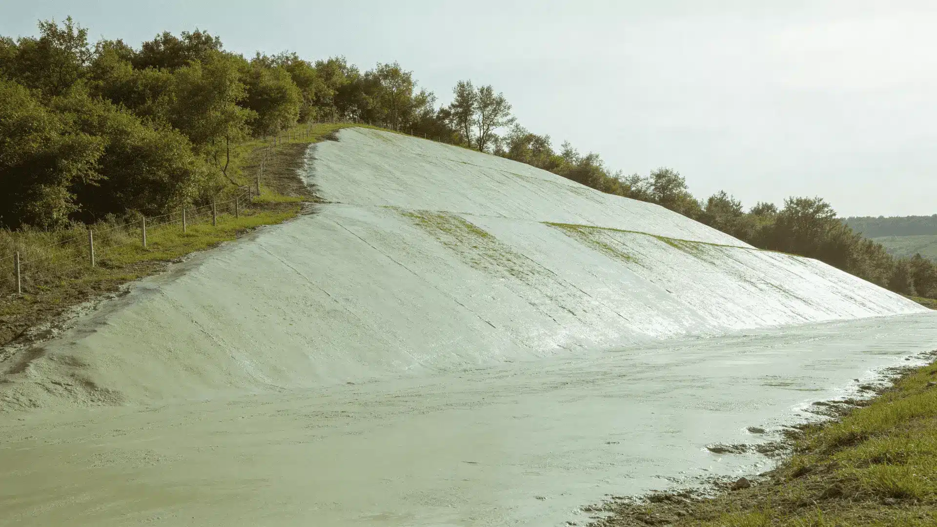 Fresh hydroseeding slurry coating a soil slope in a thin wet layer