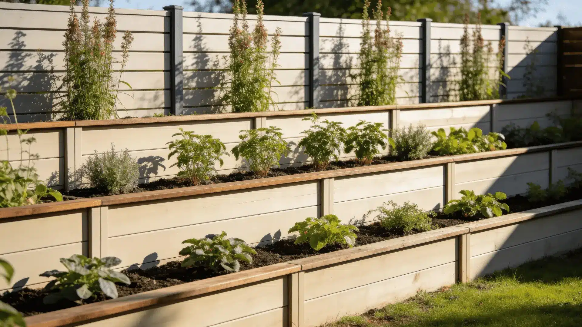 Garden bed with tall plants at back and shorter plants toward the front