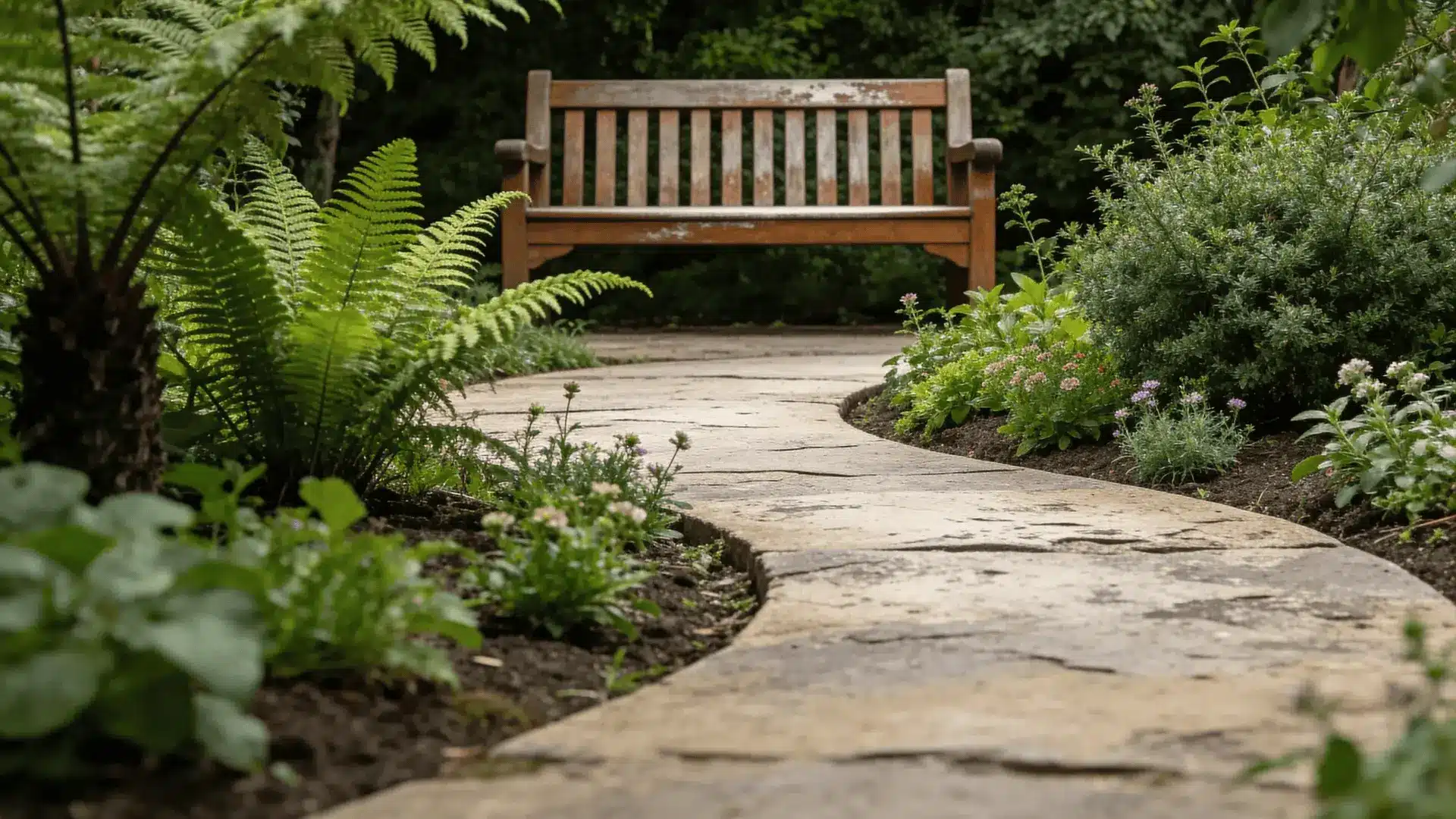 Garden path leading to a wooden bench framed by plants