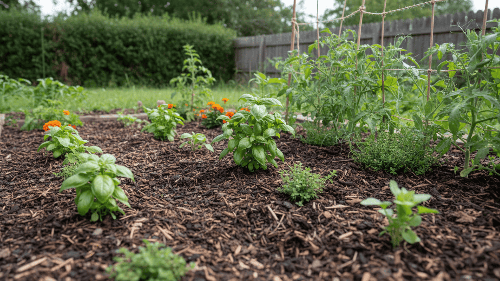 Garden plants growing steadily in dark, healthy soil with natural texture, showing long term soil care and balanced growth