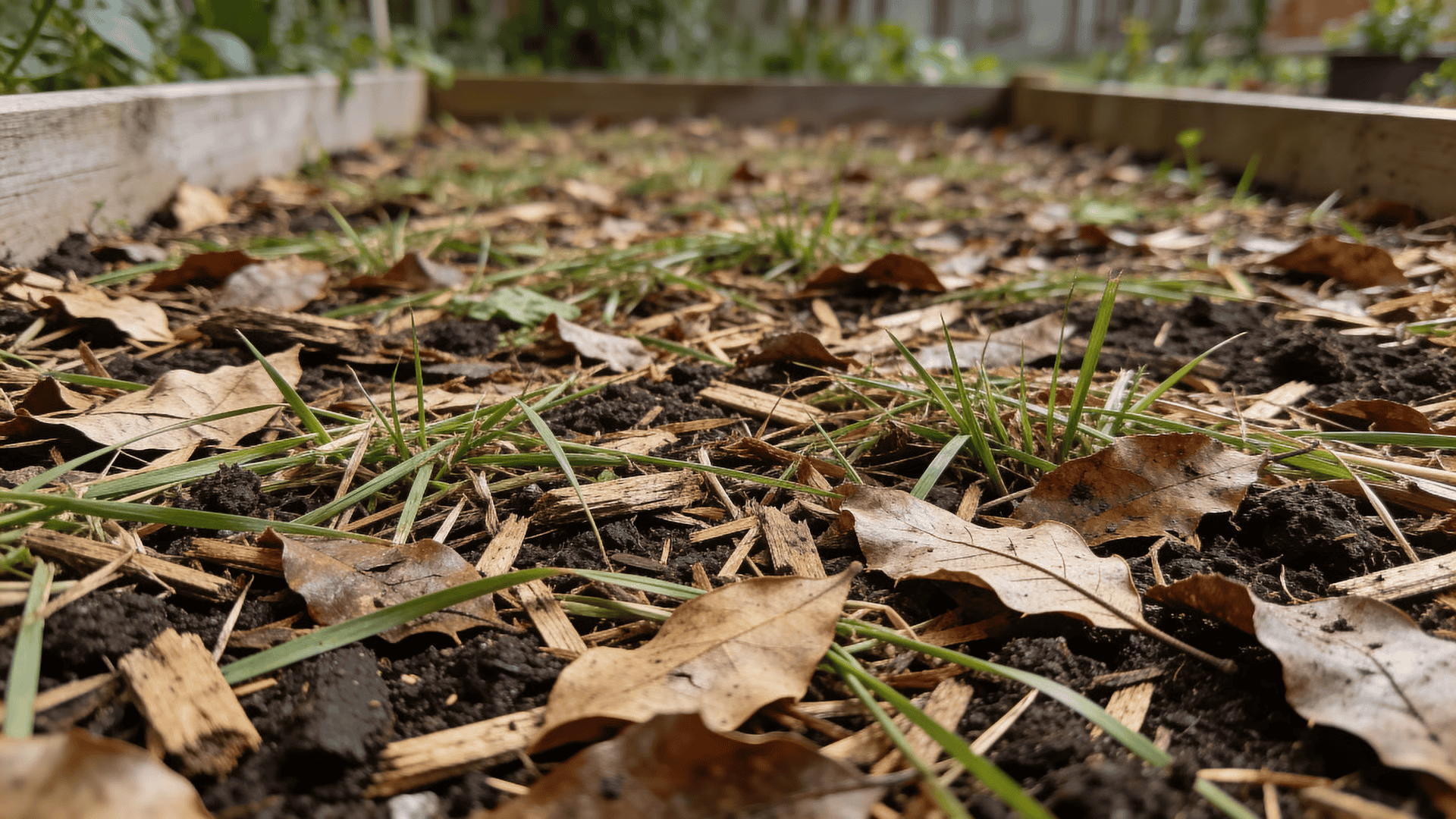 Garden soil covered with a thin layer of leaves and grass clippings