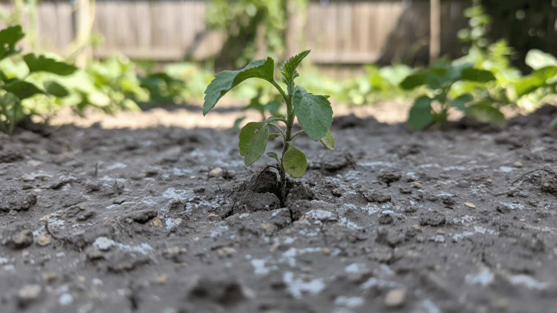Garden soil with a compacted surface and a stressed plant growing above it, showing subtle effects of repeated synthetic fertilizer use