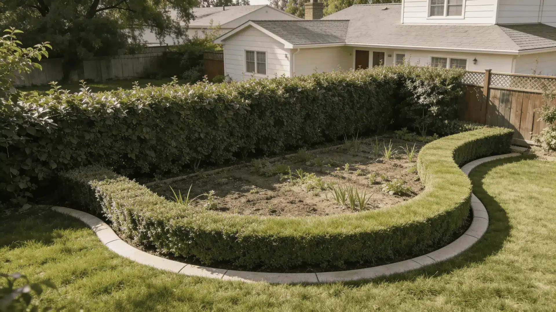 Garden with defined hedge boundary and curved edge separating planting from lawn