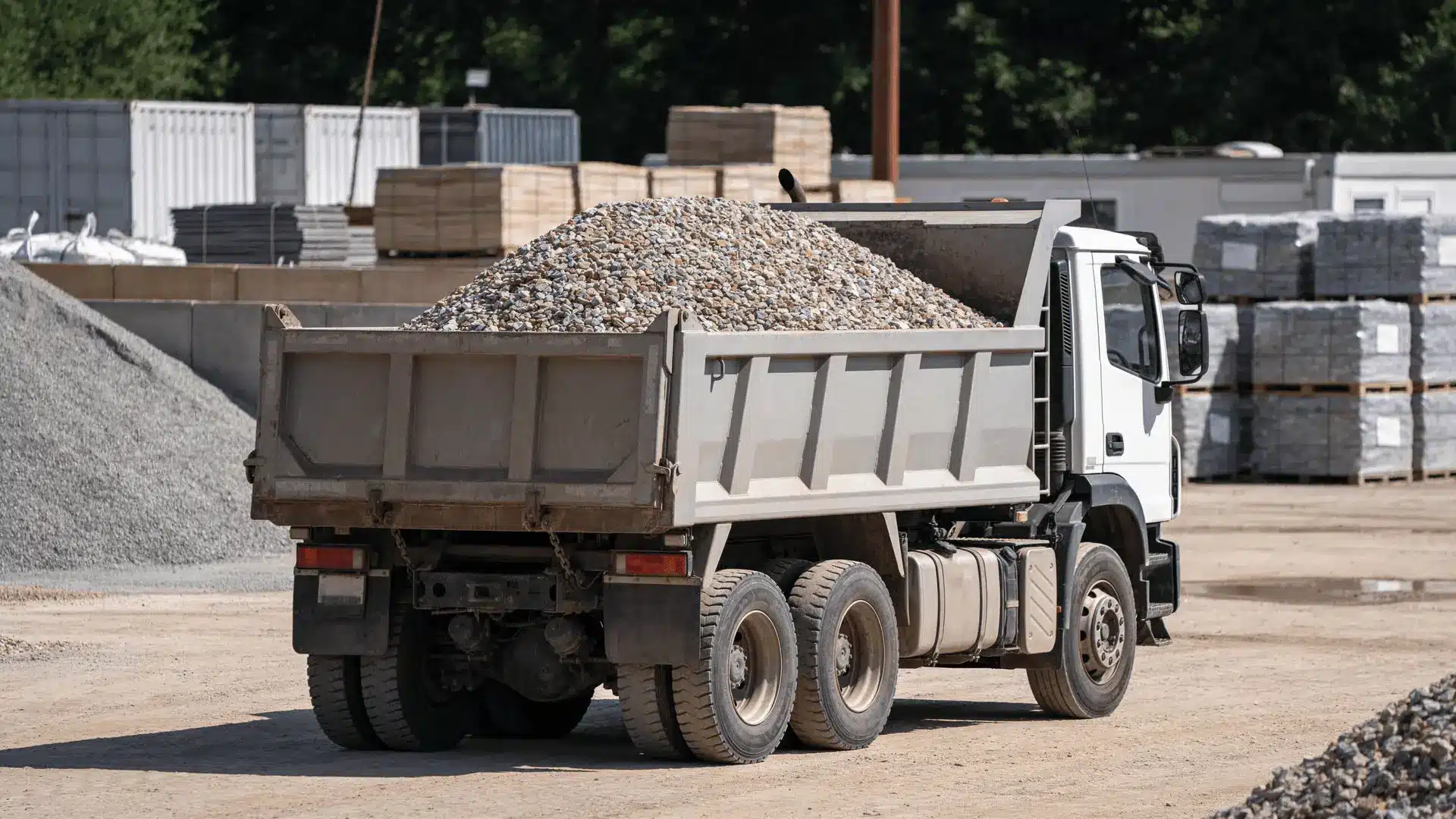 Gravel piled in a dump truck bed at a construction supply yard