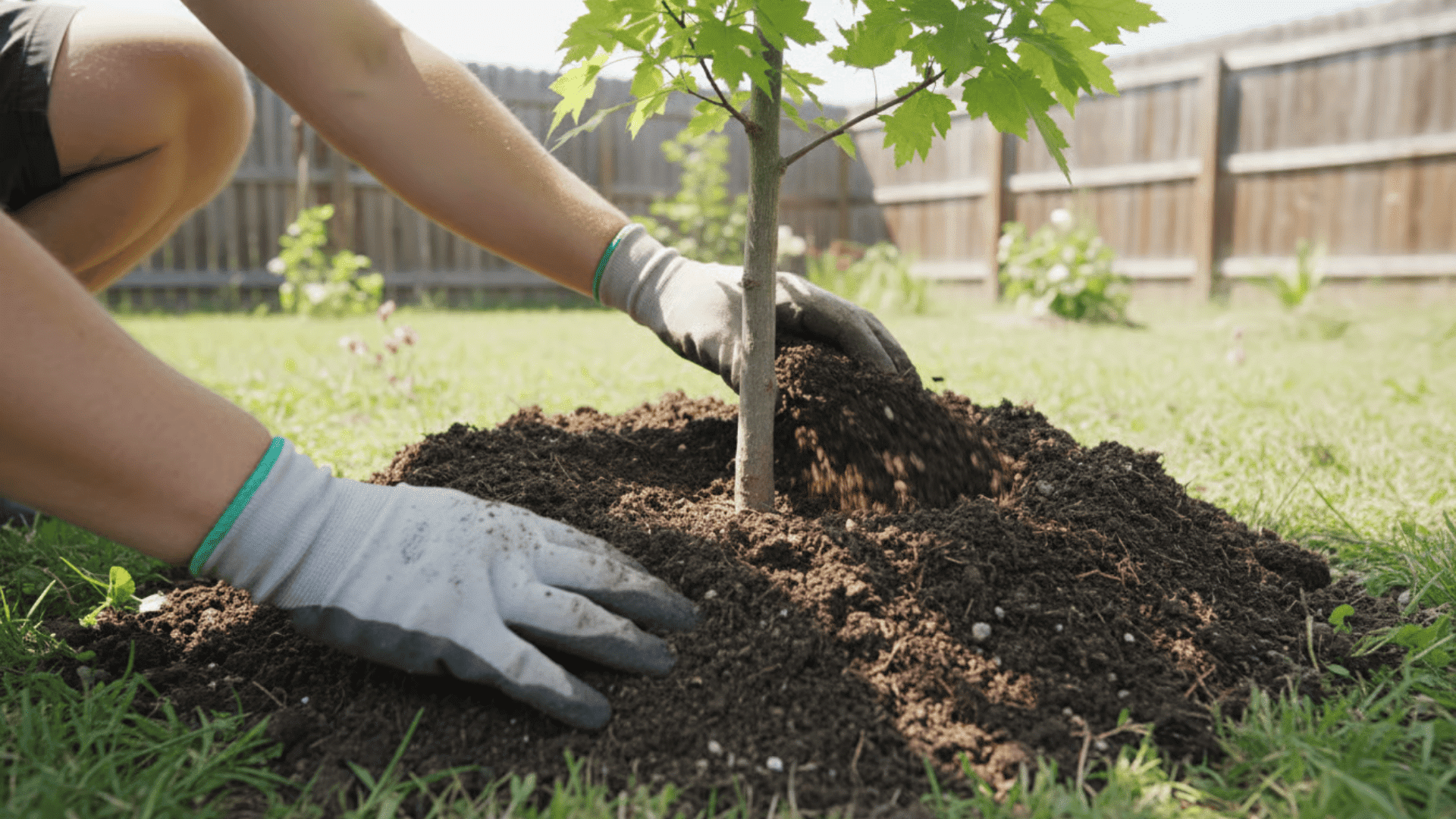 Hands backfilling a tree planting hole with native soil, lightly pressing it to remove air pockets without compacting roots