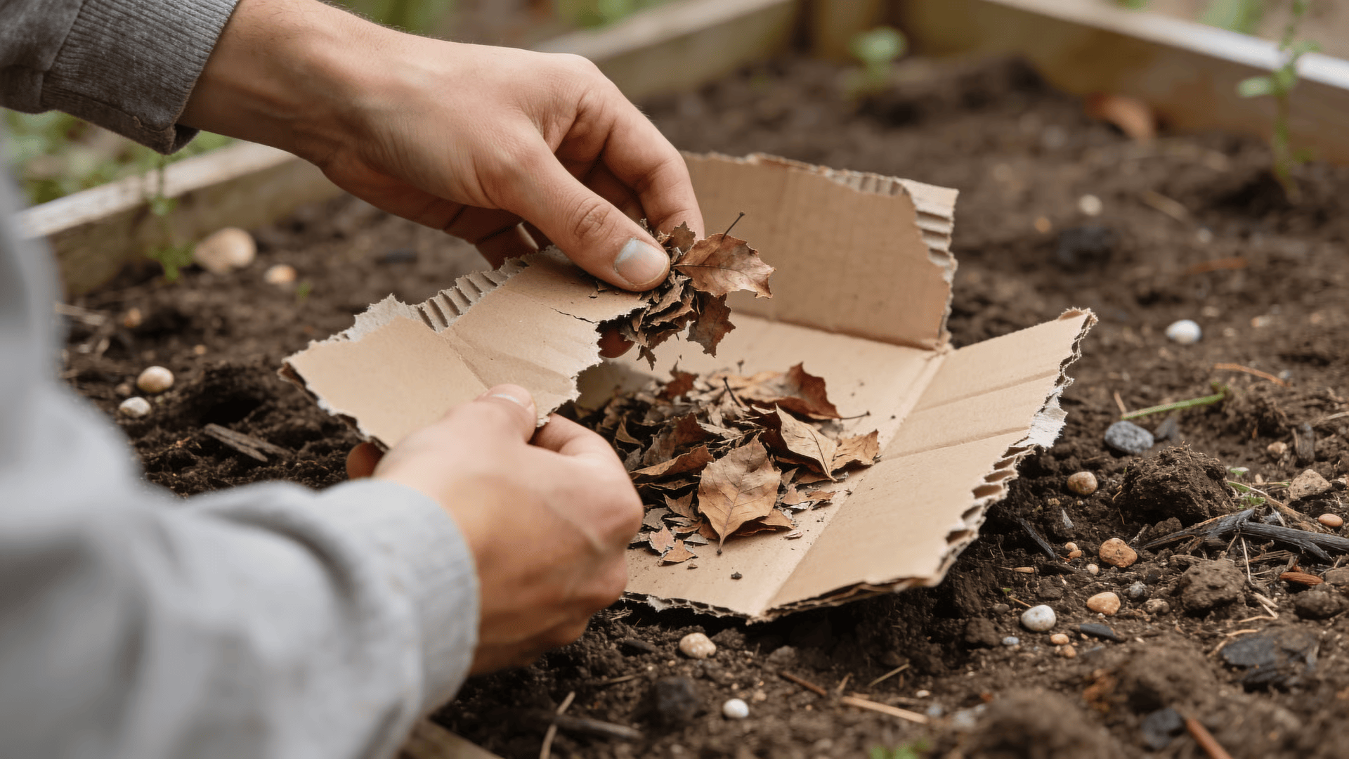 Hands tearing cardboard and breaking up dry leaves for mulch