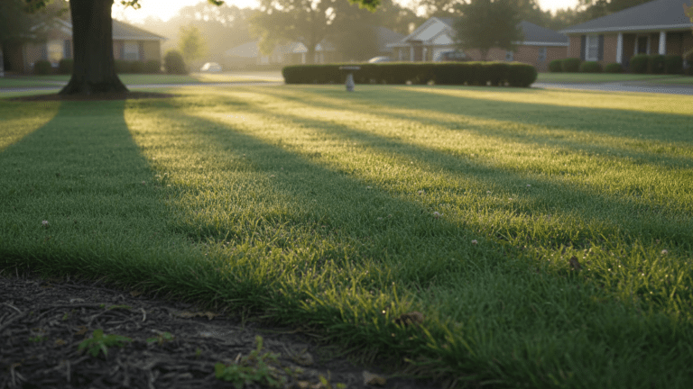 Healthy green lawn in early morning light with subtle moisture on grass blades, showing ideal conditions after proper watering
