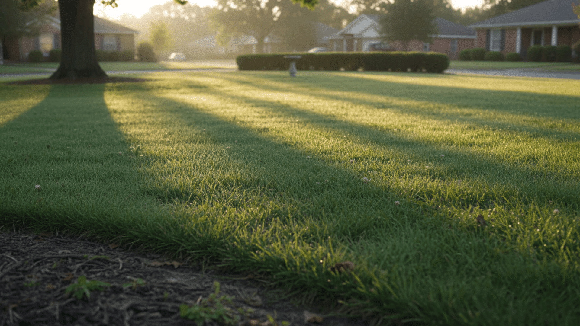 Healthy green lawn in early morning light with subtle moisture on grass blades, showing ideal conditions after proper watering