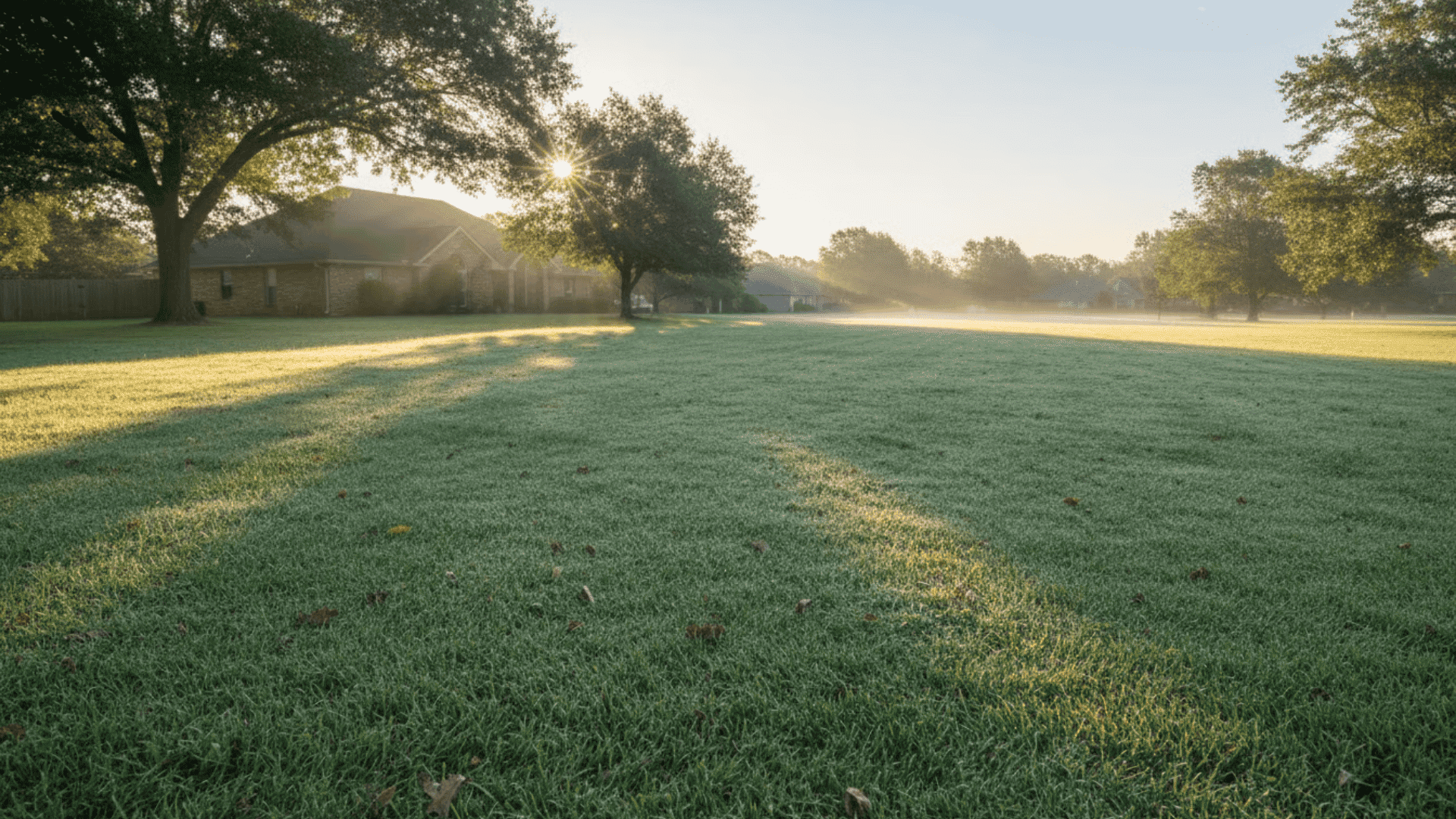 Healthy lawn in early morning light with subtle moisture on grass blades, showing ideal conditions for watering