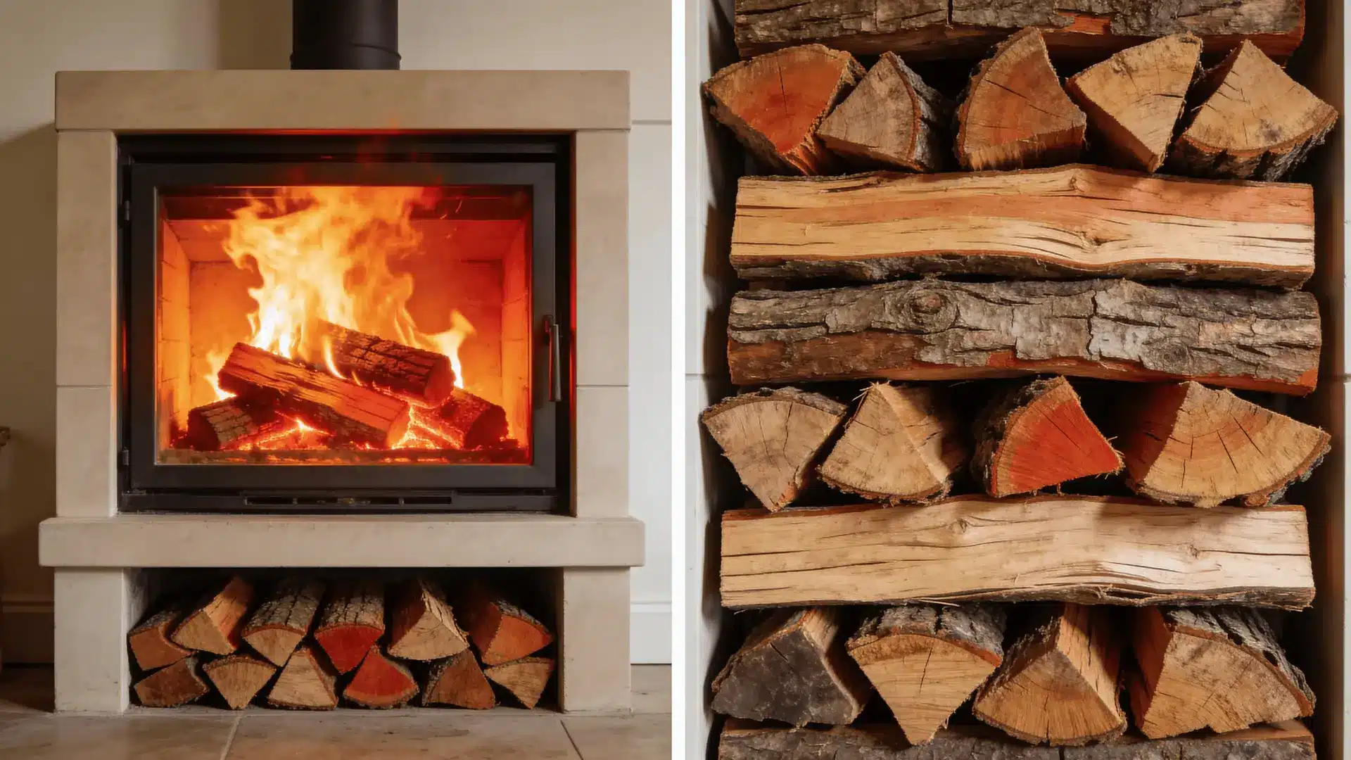 Hickory firewood logs beside the same logs burning with strong flames