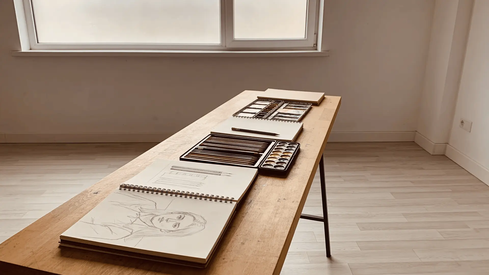 Home art studio workspace with desk, supplies, and open floor space