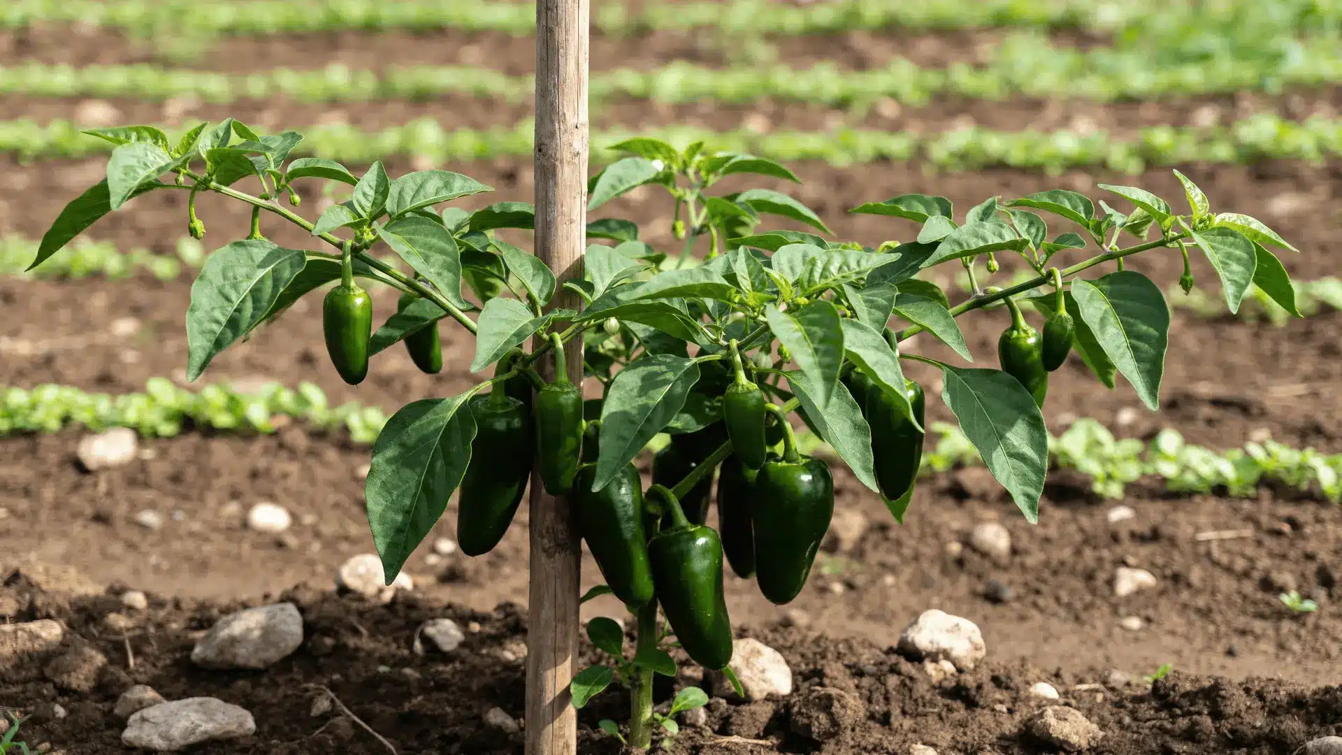 Jalapeño plant with growing peppers and supported stems