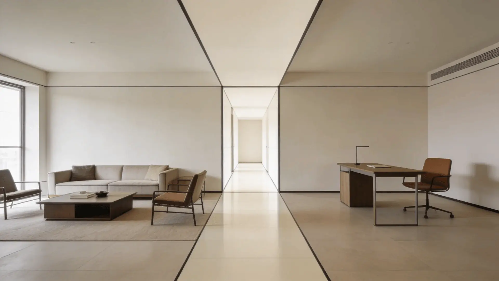 Large room divided into seating area and small desk zone