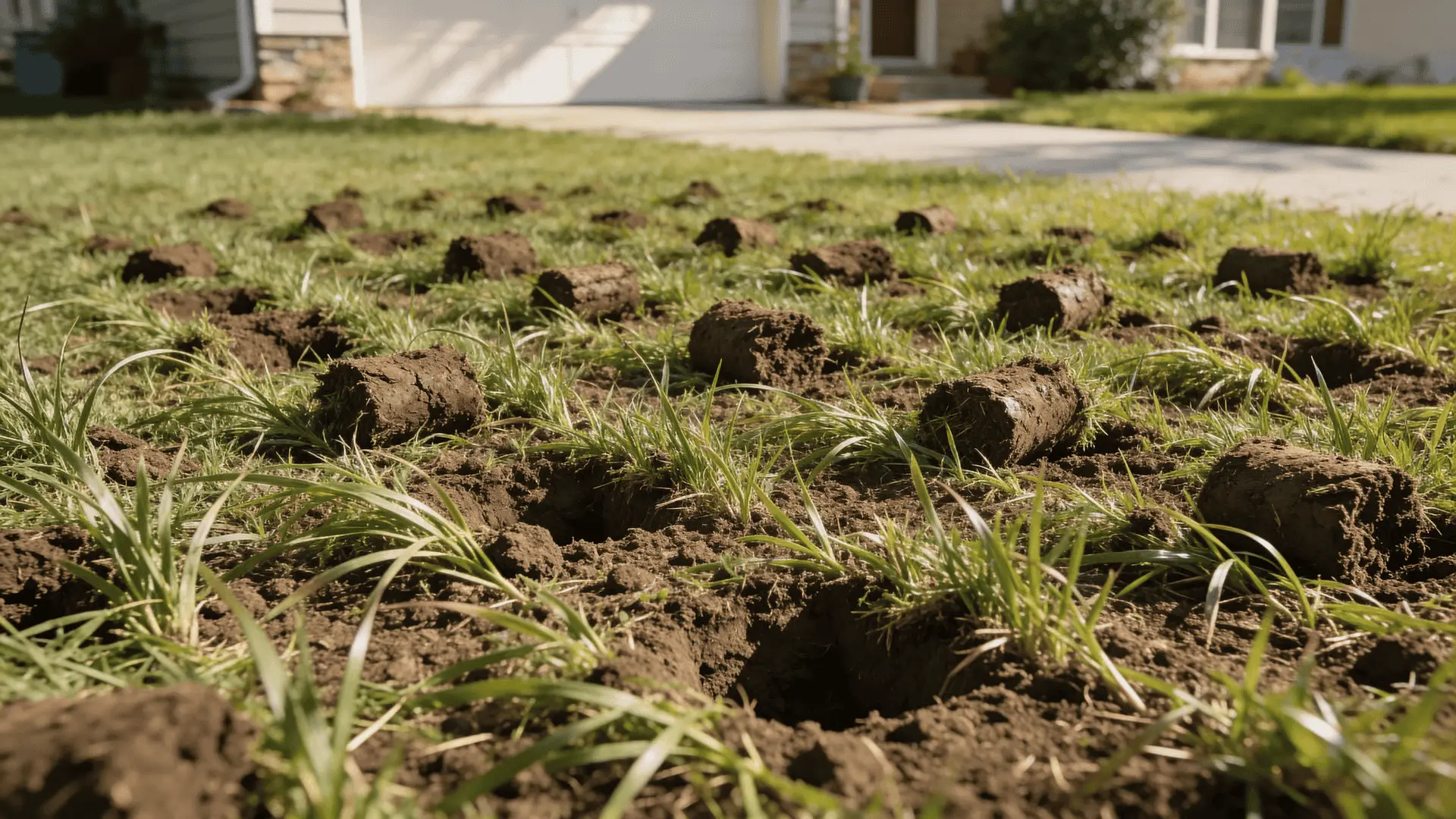 Lawn surface with evenly spaced aeration holes and soil plugs