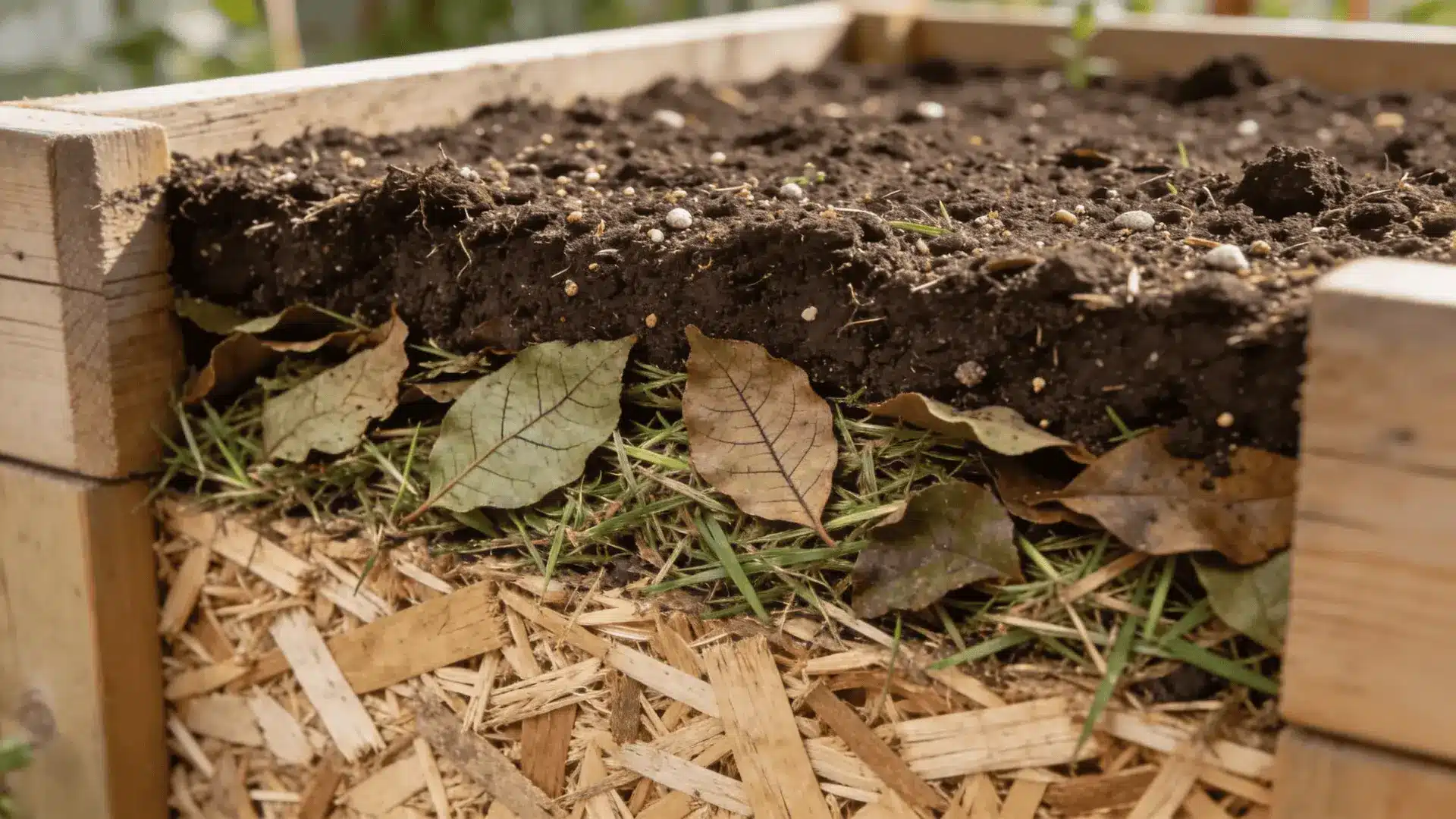 Layer of leaves and grass clippings between logs and topsoil in a raised bed