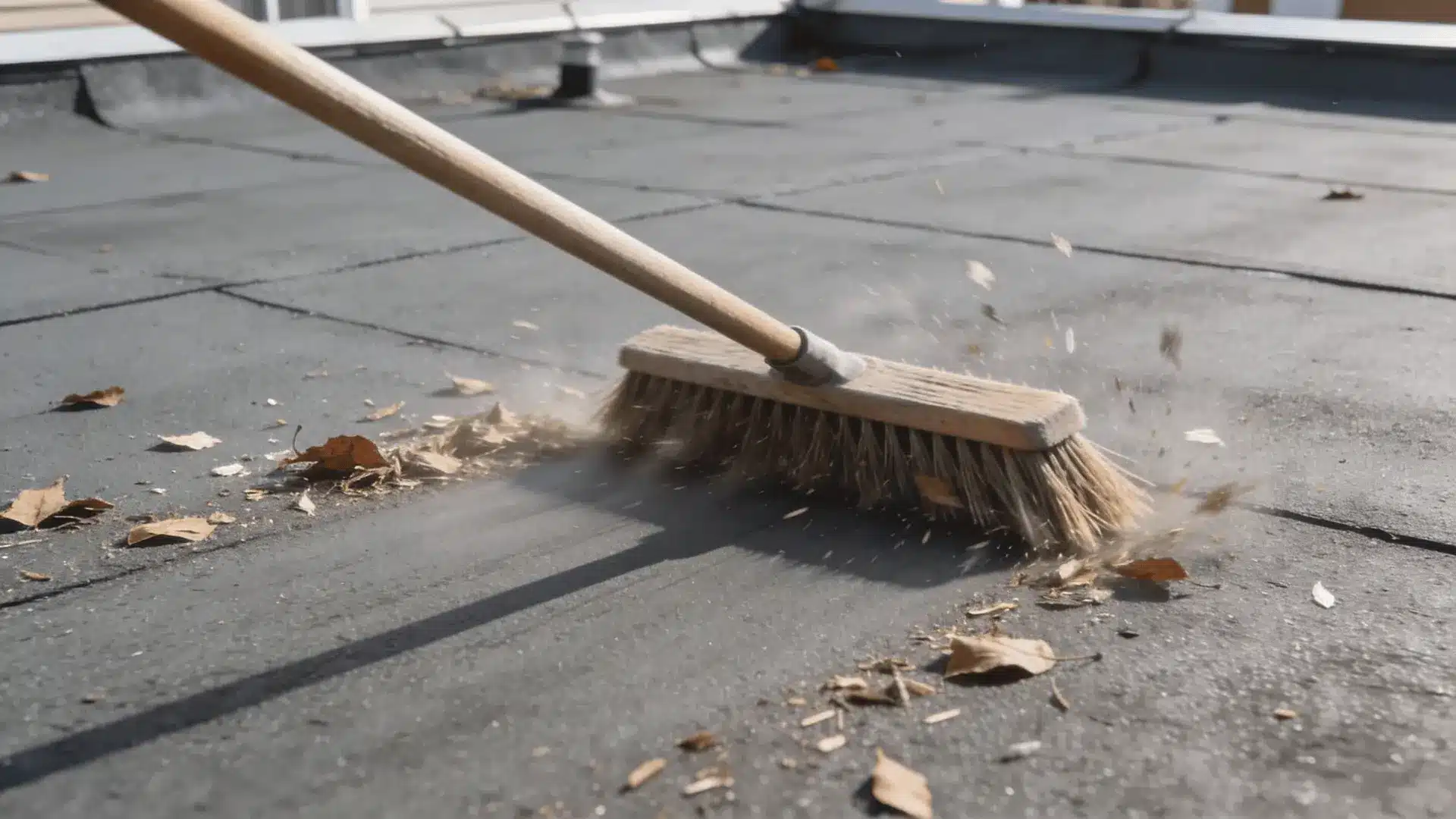 Leaves and debris being cleared from a flat roof with a soft push broom