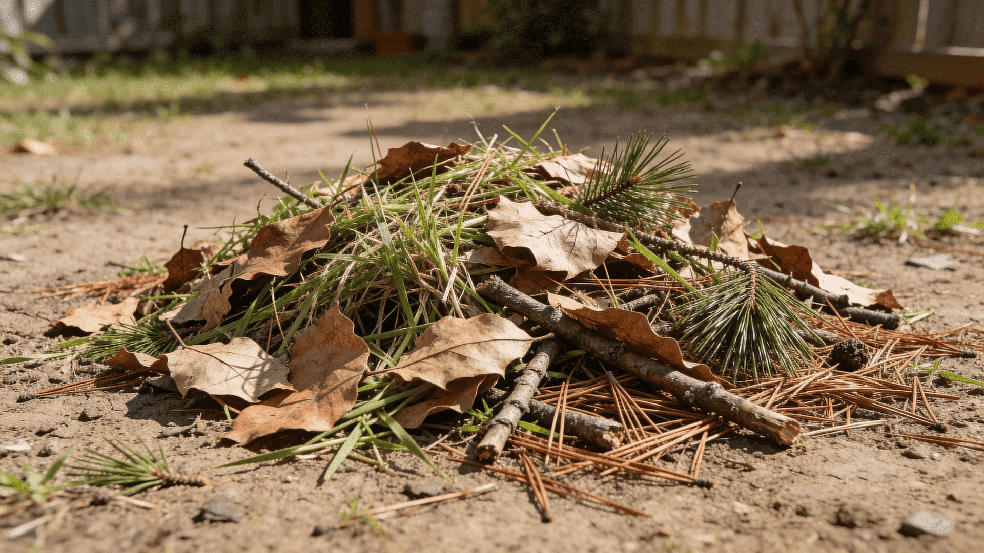 Leaves, grass clippings, small branches, and pine needles on the ground
