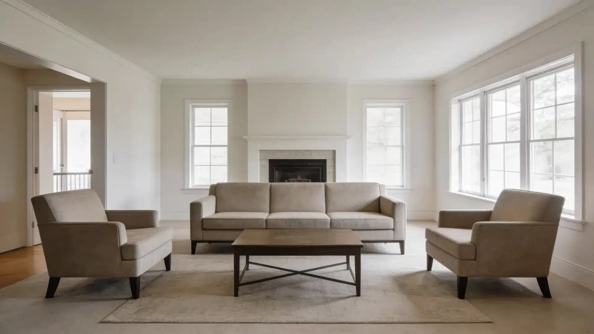Living room with centered sofa facing fireplace and balanced seating layout