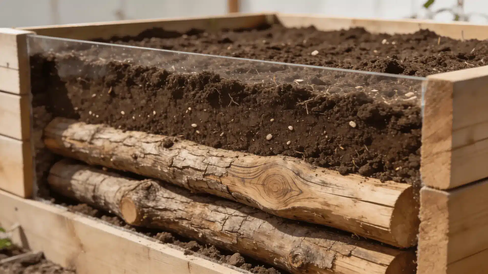 Logs placed in the lower half of a raised bed with soil layered above