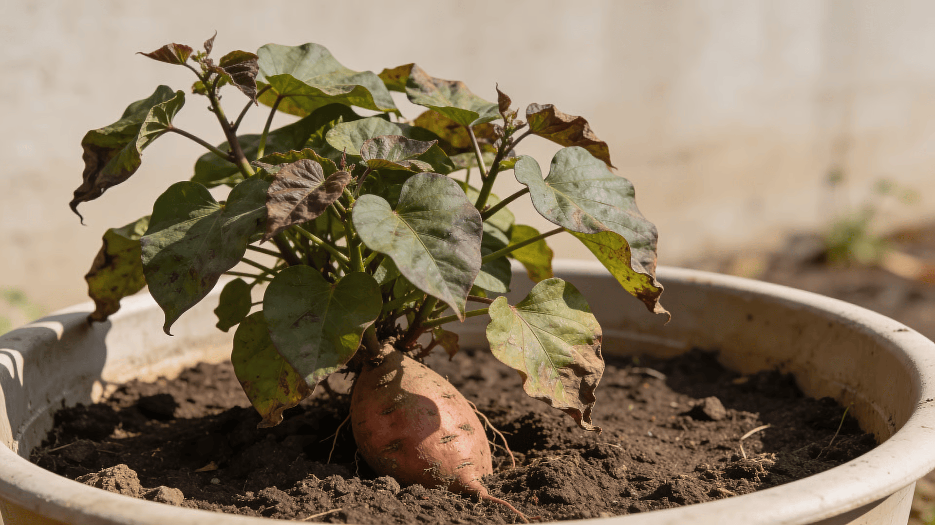 Mature sweet potato plant growing in a container near harvest time