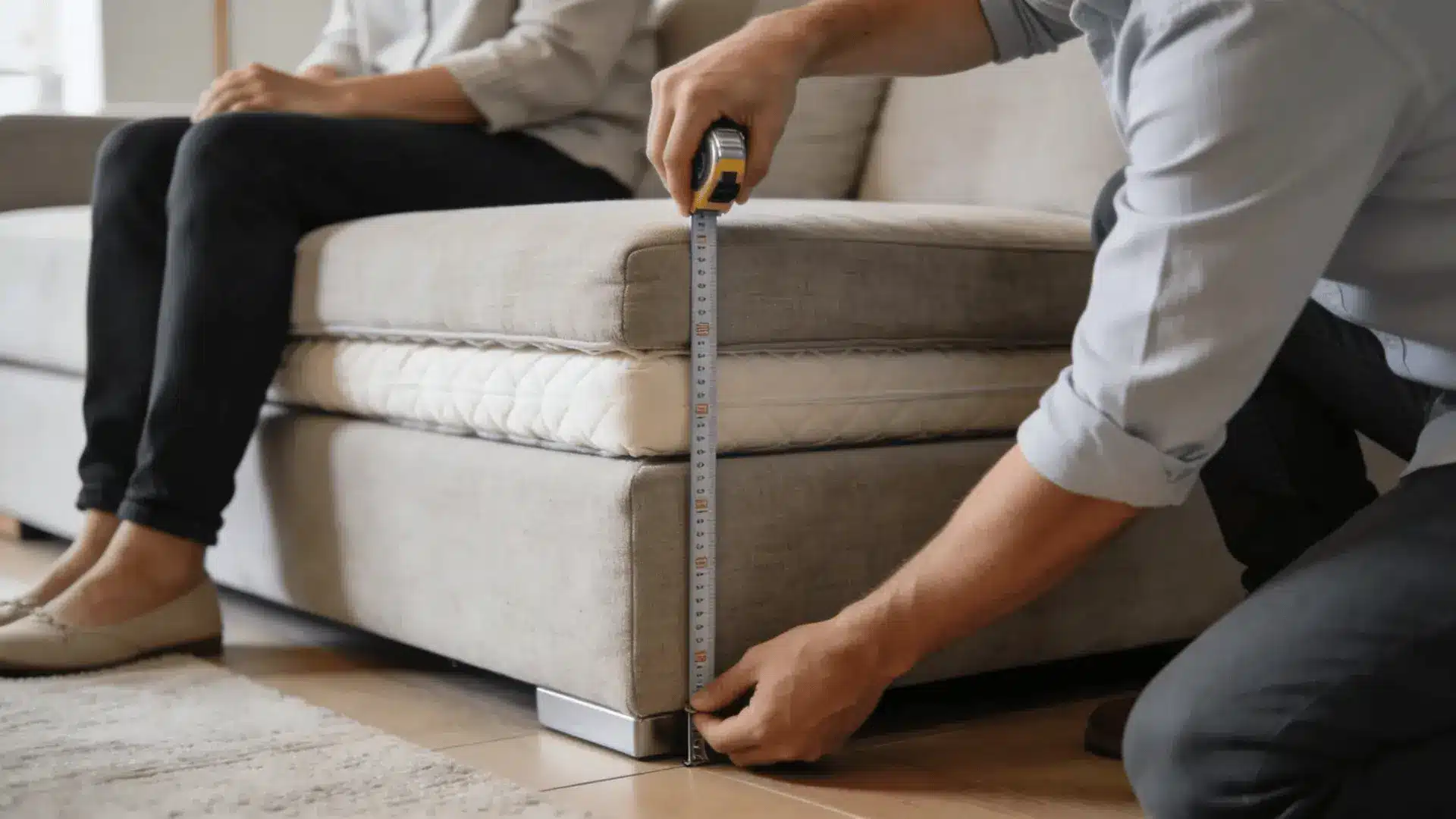 Measuring tape held from floor to top of sofa cushion while someone is seated