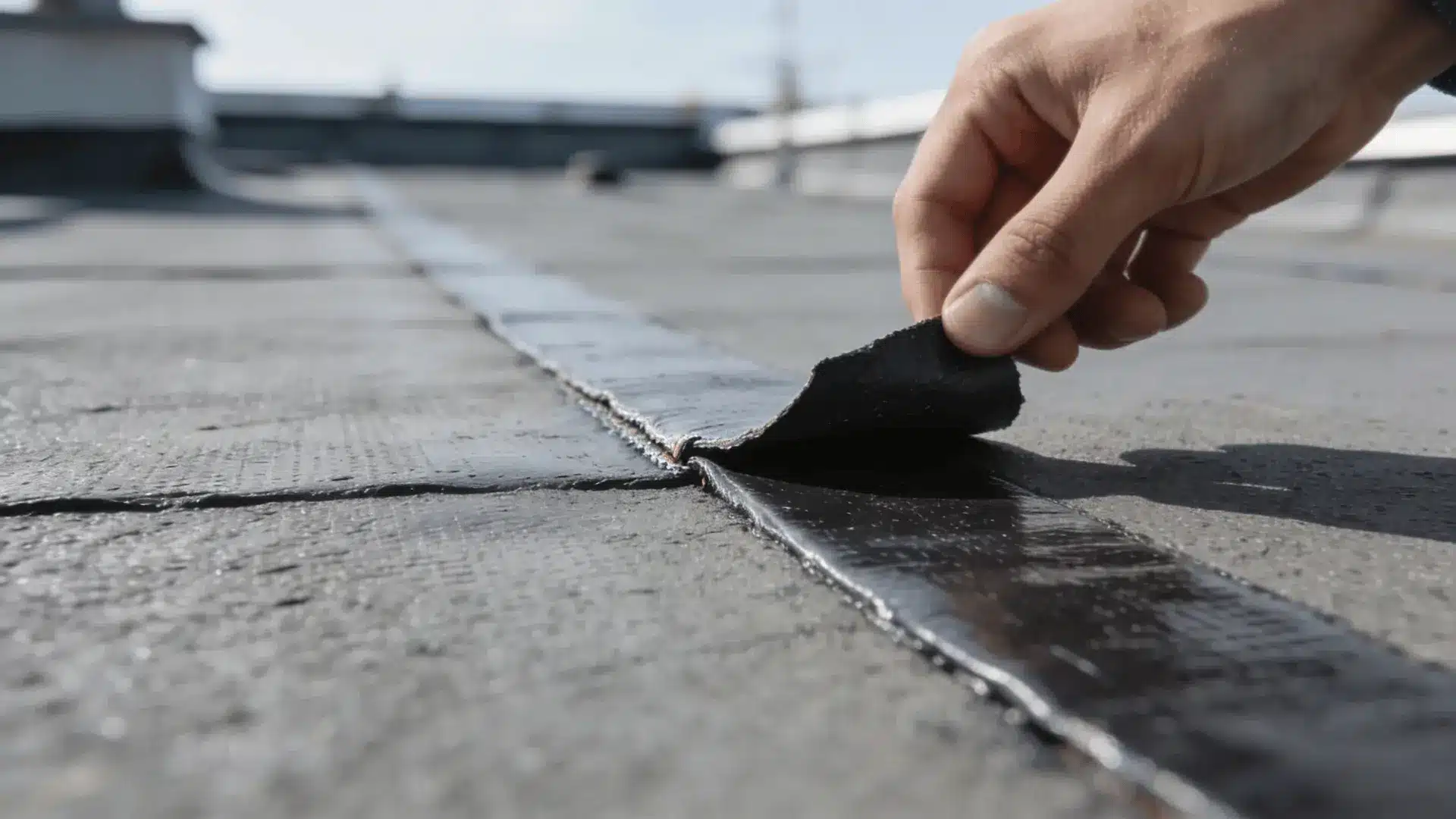 Minor lifted seam edge on a flat roof membrane under inspection