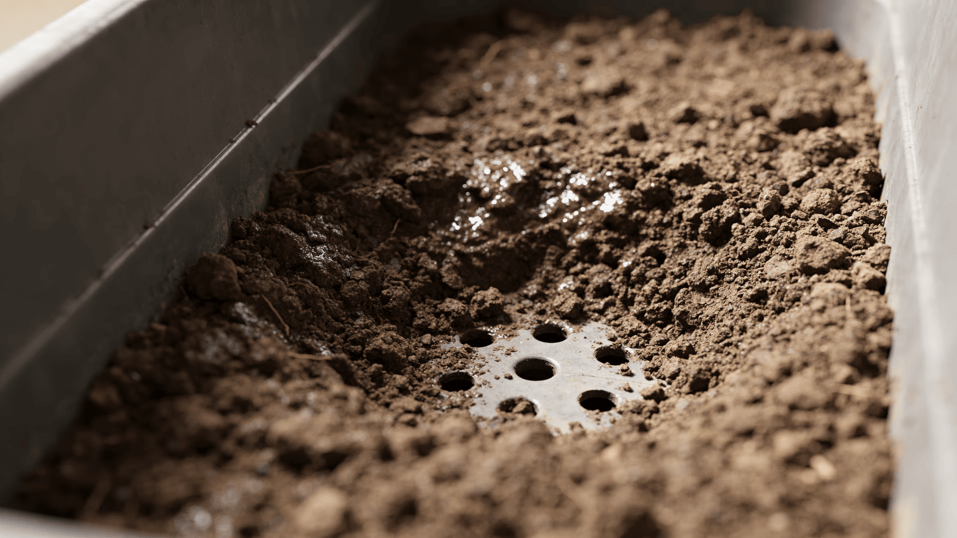 Moist soil inside a container with visible drainage holes near the base