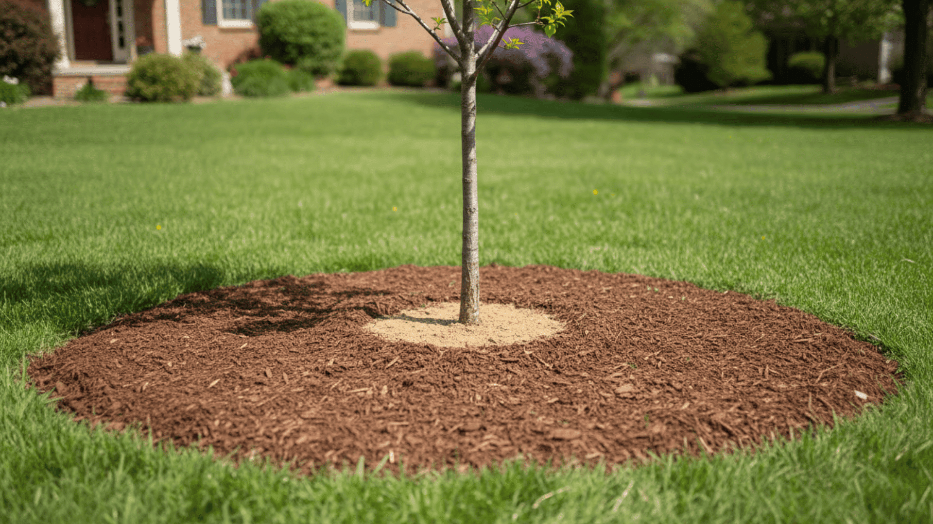 Mulch spread in a wide ring around a tree with space left around the trunk to prevent rot