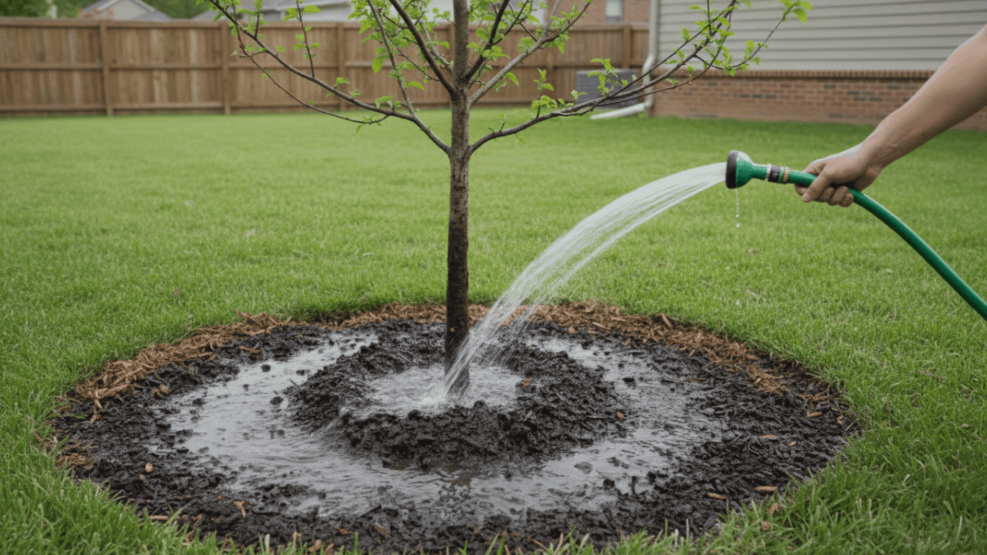 Newly planted tree being watered slowly at the base to soak the root ball and surrounding soil several inches deep