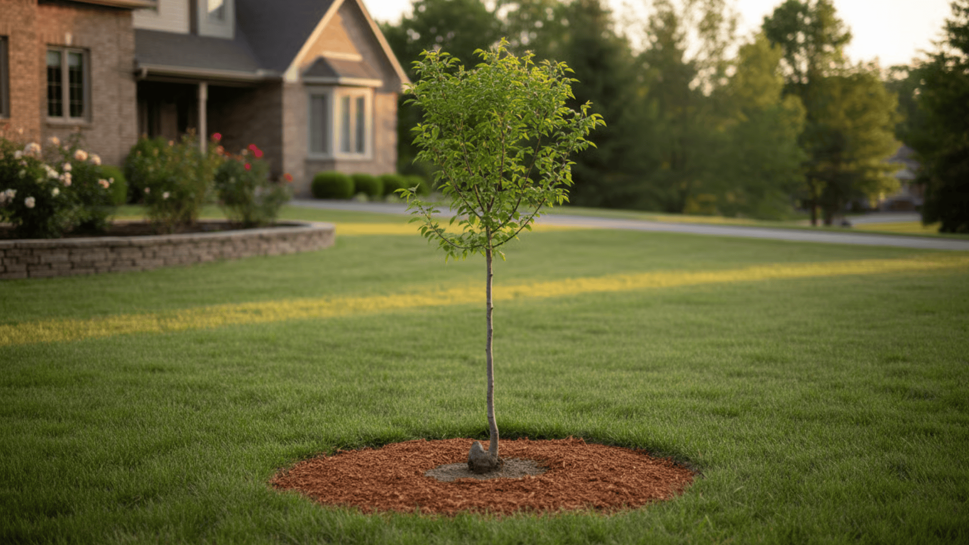 Newly planted young tree with visible root flare and mulch spread around the base in a garden setting
