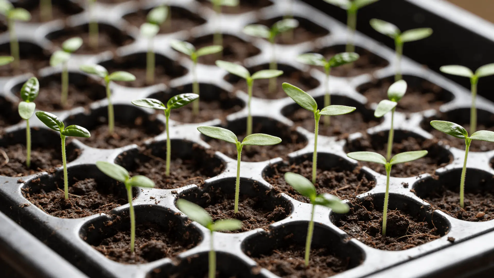 Newly sprouted jalapeño seedlings with small leaves emerging from moist soil