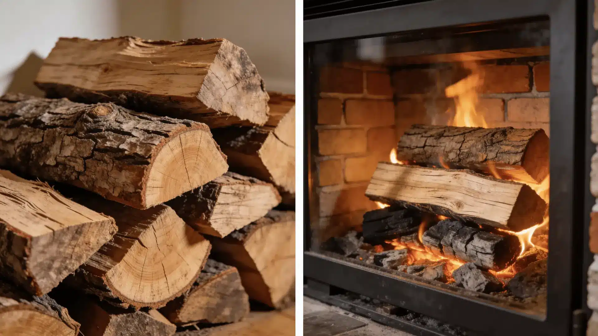 Oak firewood logs beside the same logs burning steadily with glowing coals