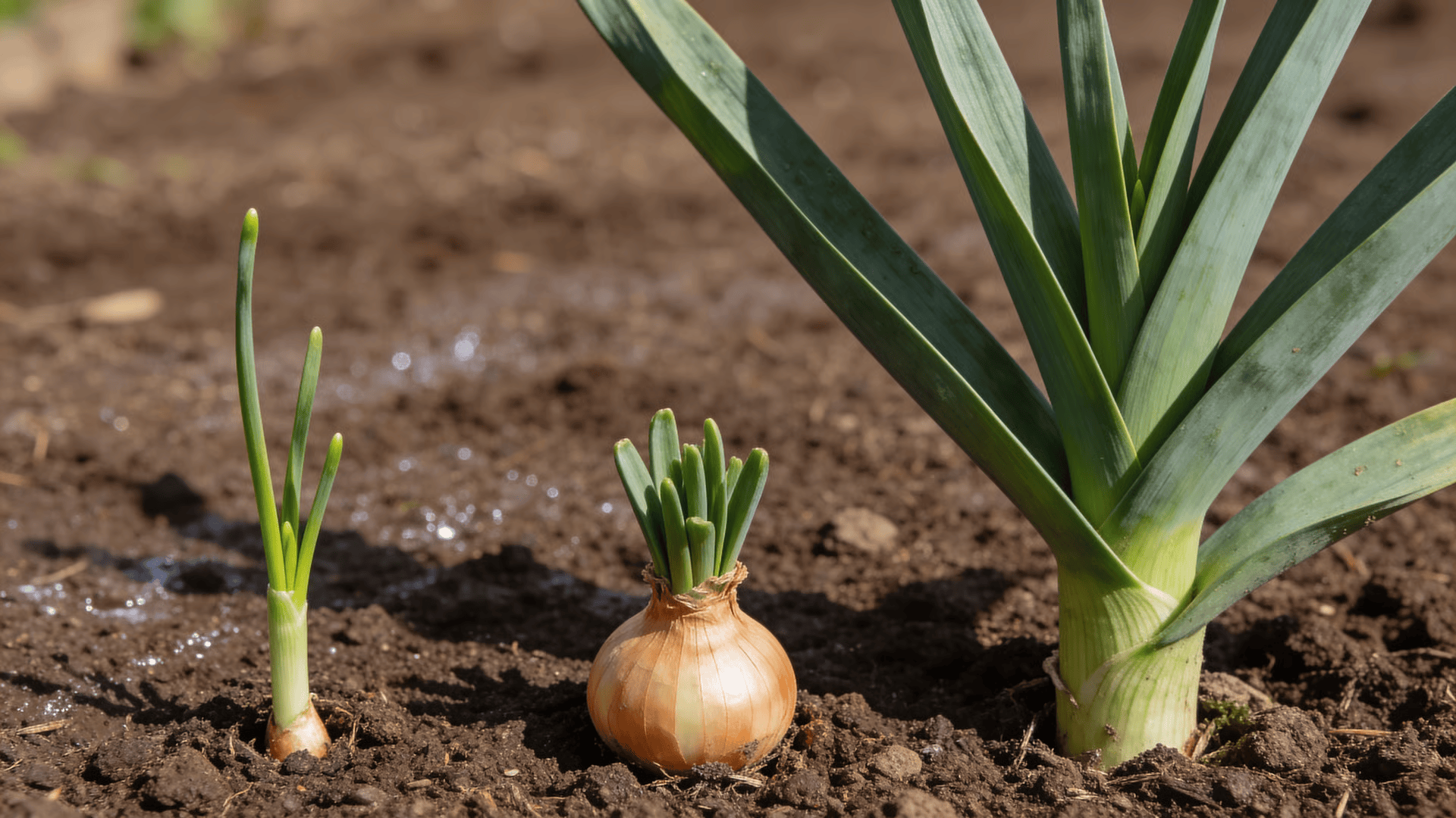 Onion seedlings, small sets, and transplants growing in soil