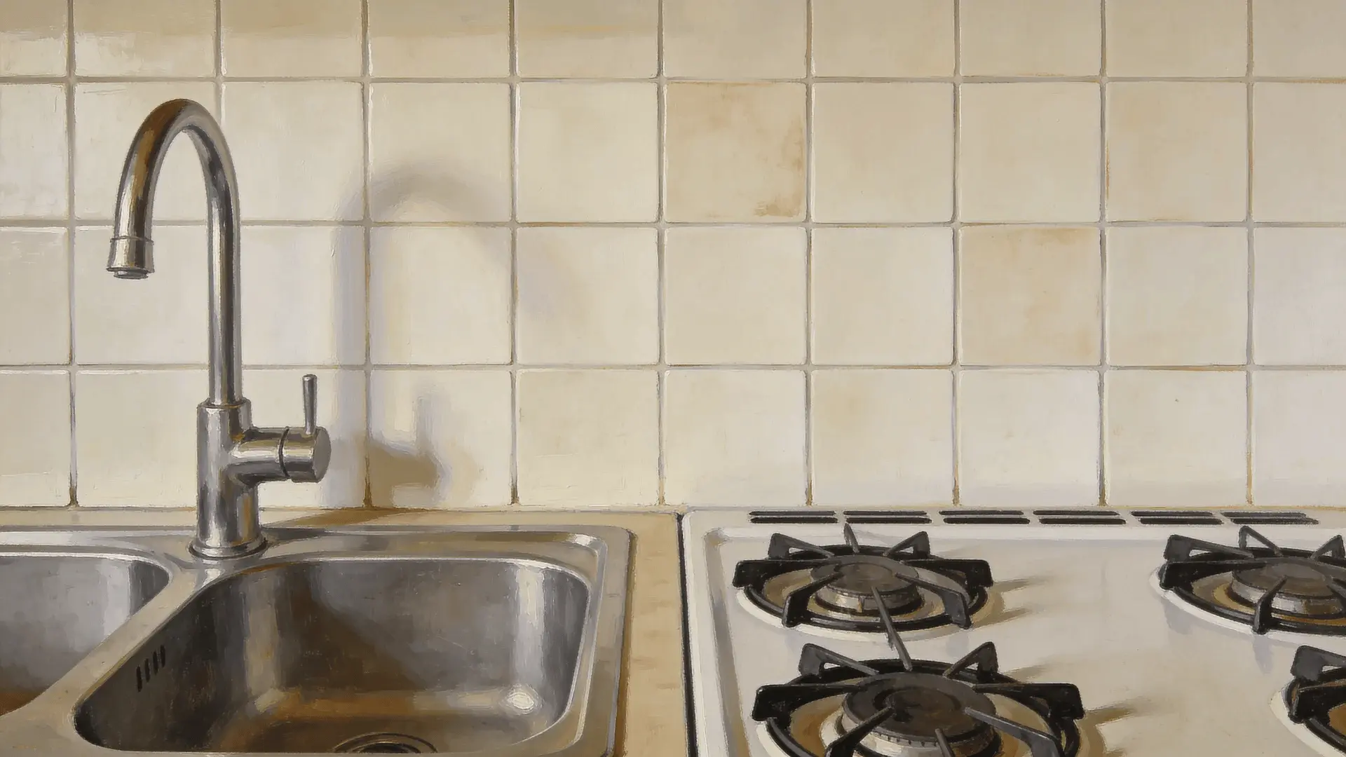 Painted tile backsplash installed behind a sink and cooktop