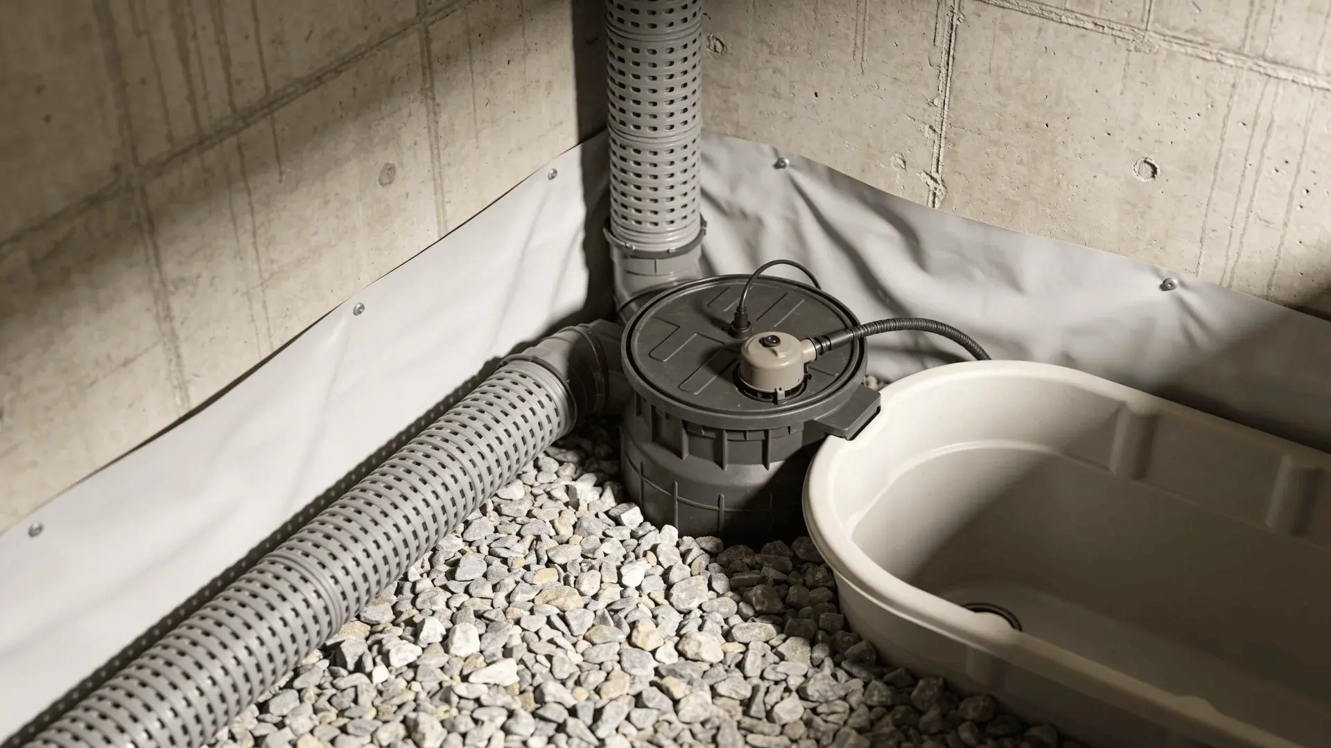 Perforated drain pipe, gravel, sump basin with pump, and wall membrane in basement