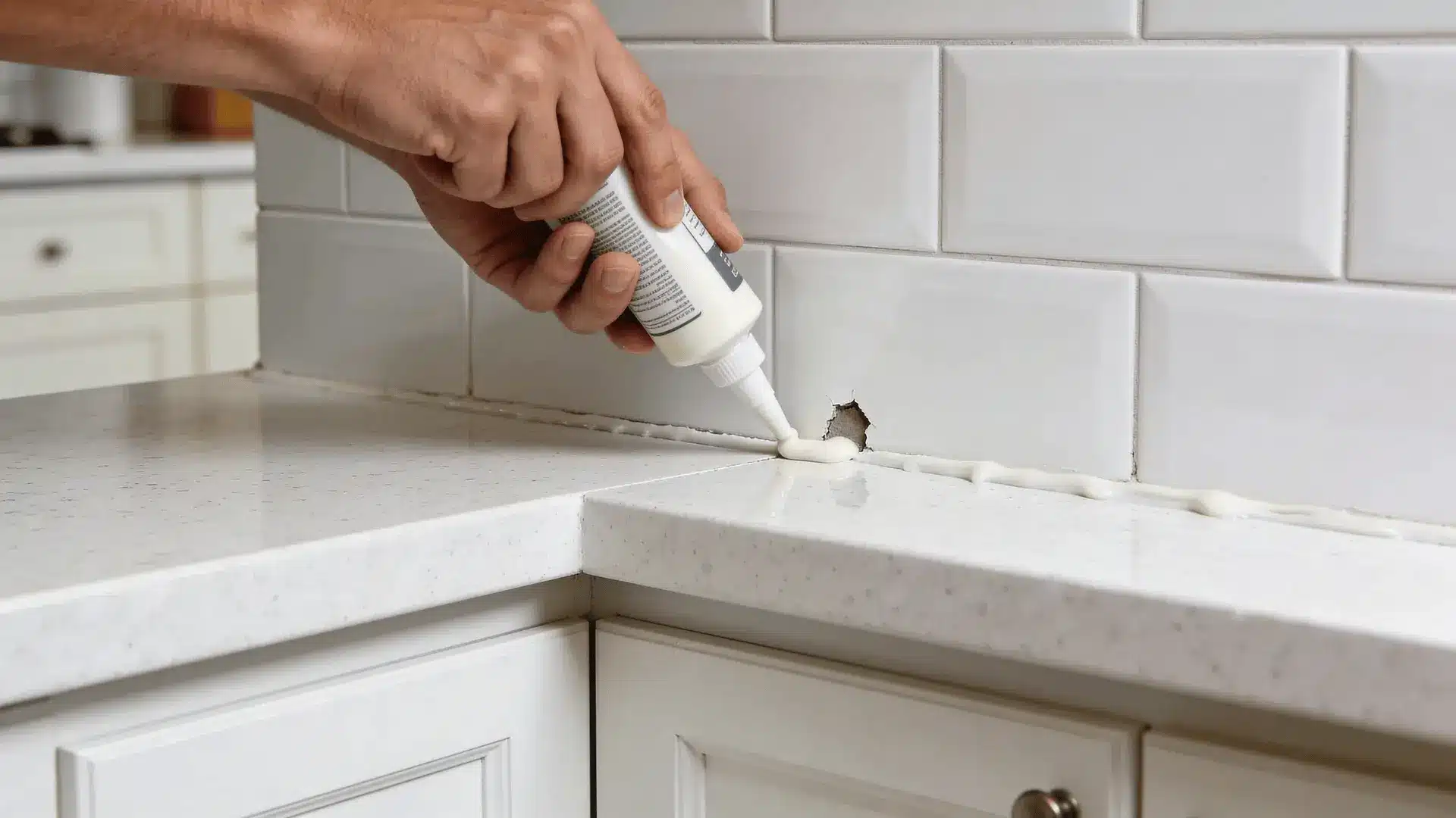 Person filling a chipped tile and applying caulk along countertop edge