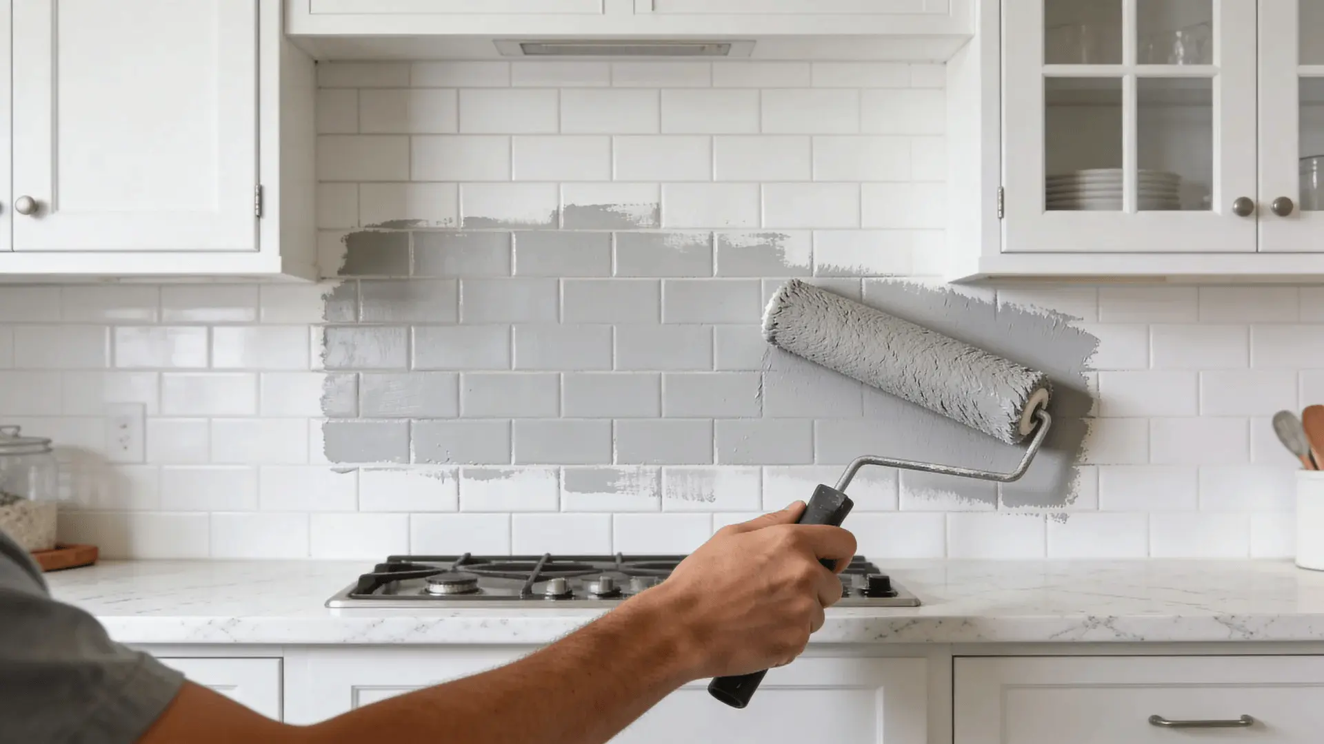 Person painting tile backsplash with roller and brush