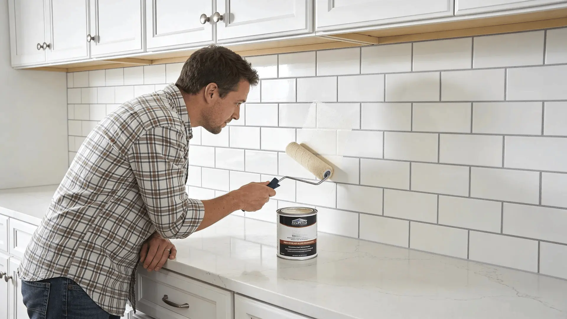 Person rolling primer onto white tile backsplash
