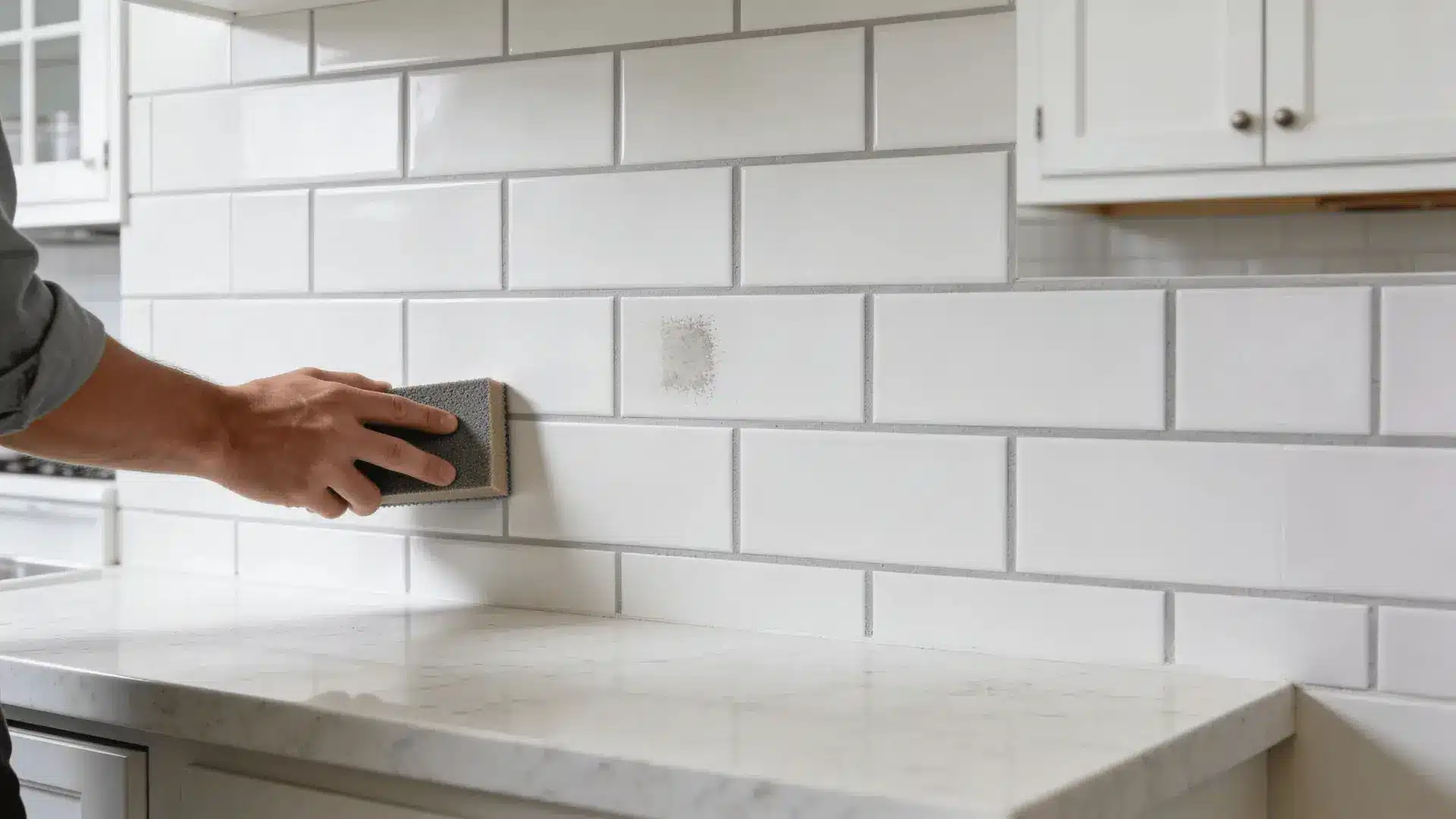 Person sanding a white tile backsplash with a sanding sponge