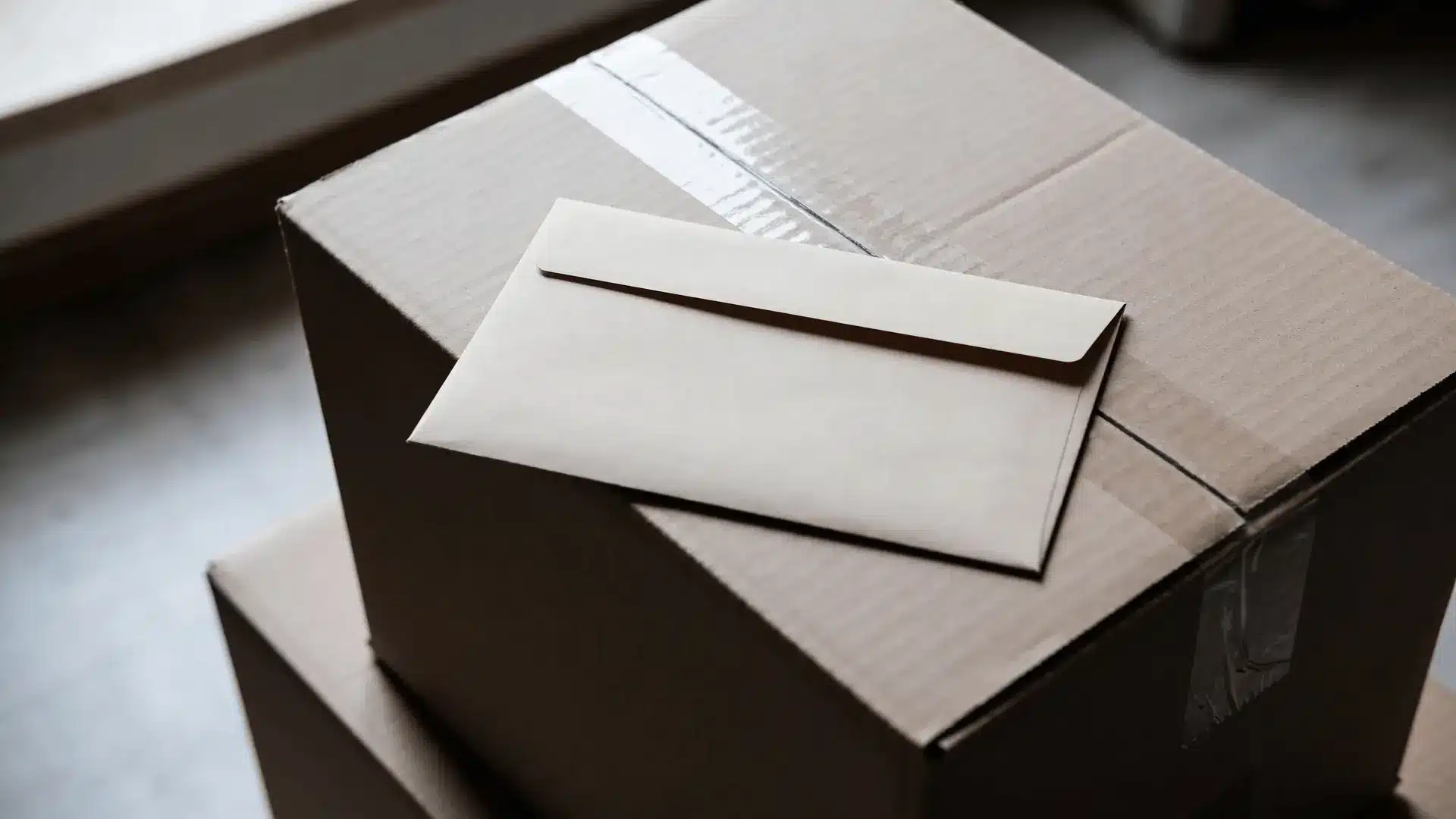 Plain envelope resting on top of a sealed furniture box