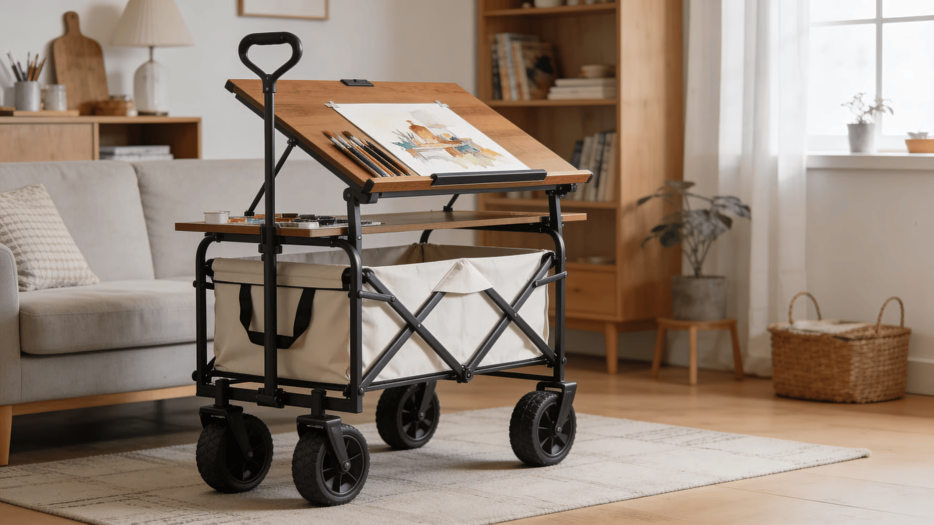 Portable art setup with rolling cart used in a shared living space