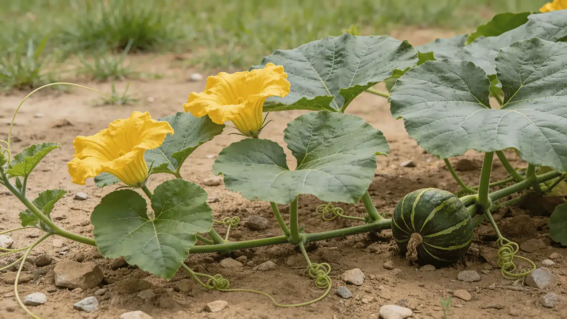 Pumpkin plant with vines, leaves, flowers, and developing fruit